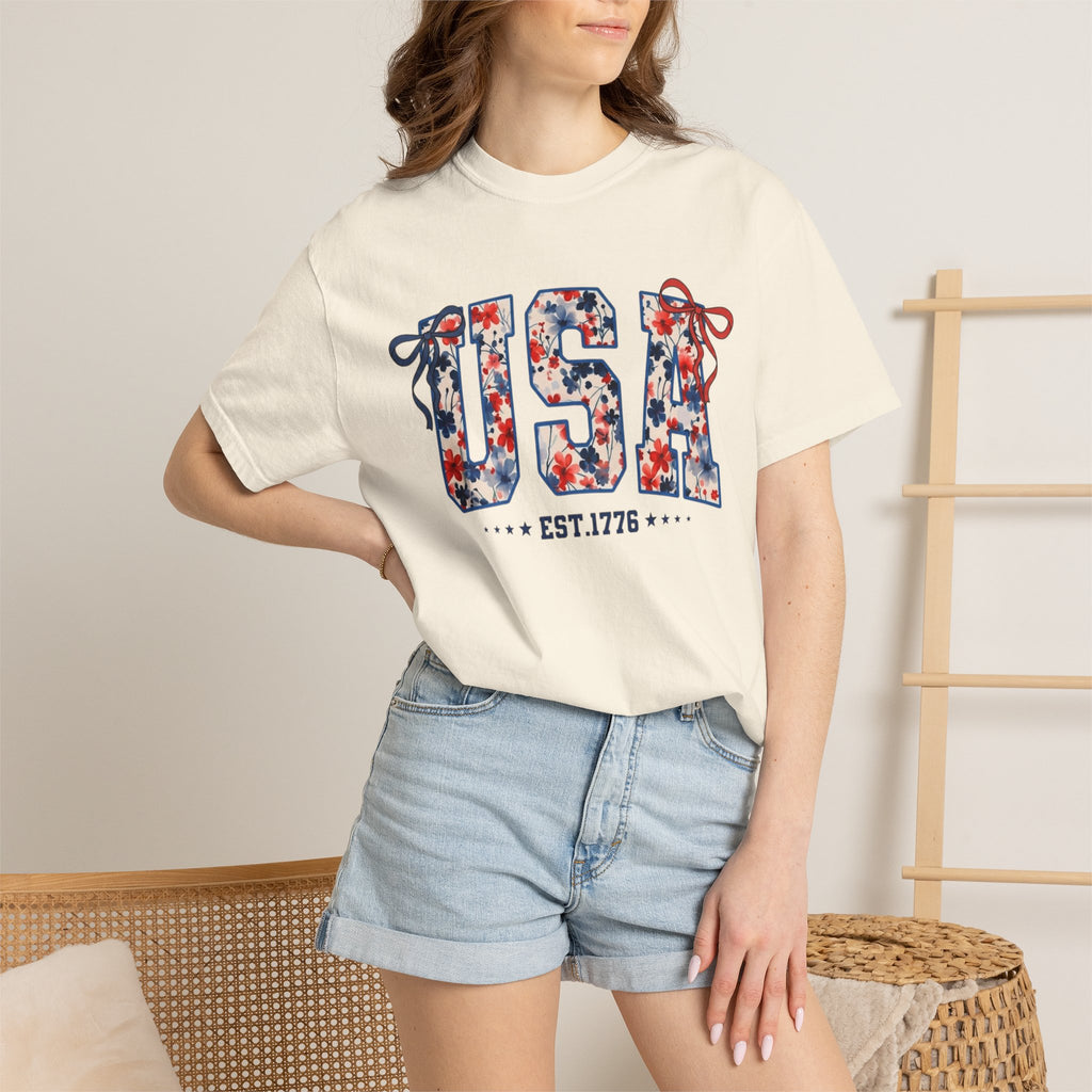 USA Floral Graphic T-Shirt — EST.1776 Patriotic Fourth of July Tee