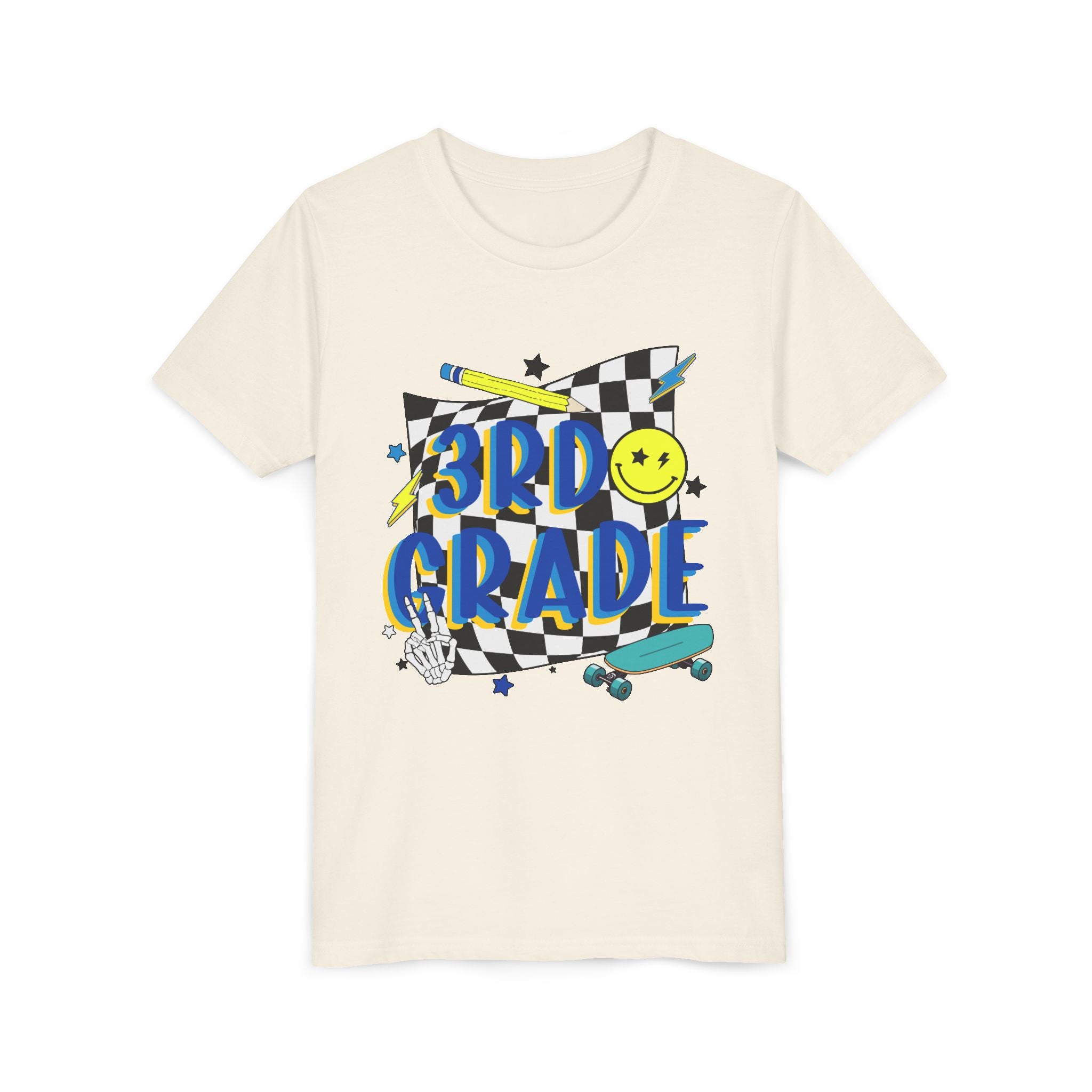3rd Grade Youth Tee - Back-to-School Smiley Skateboard Design