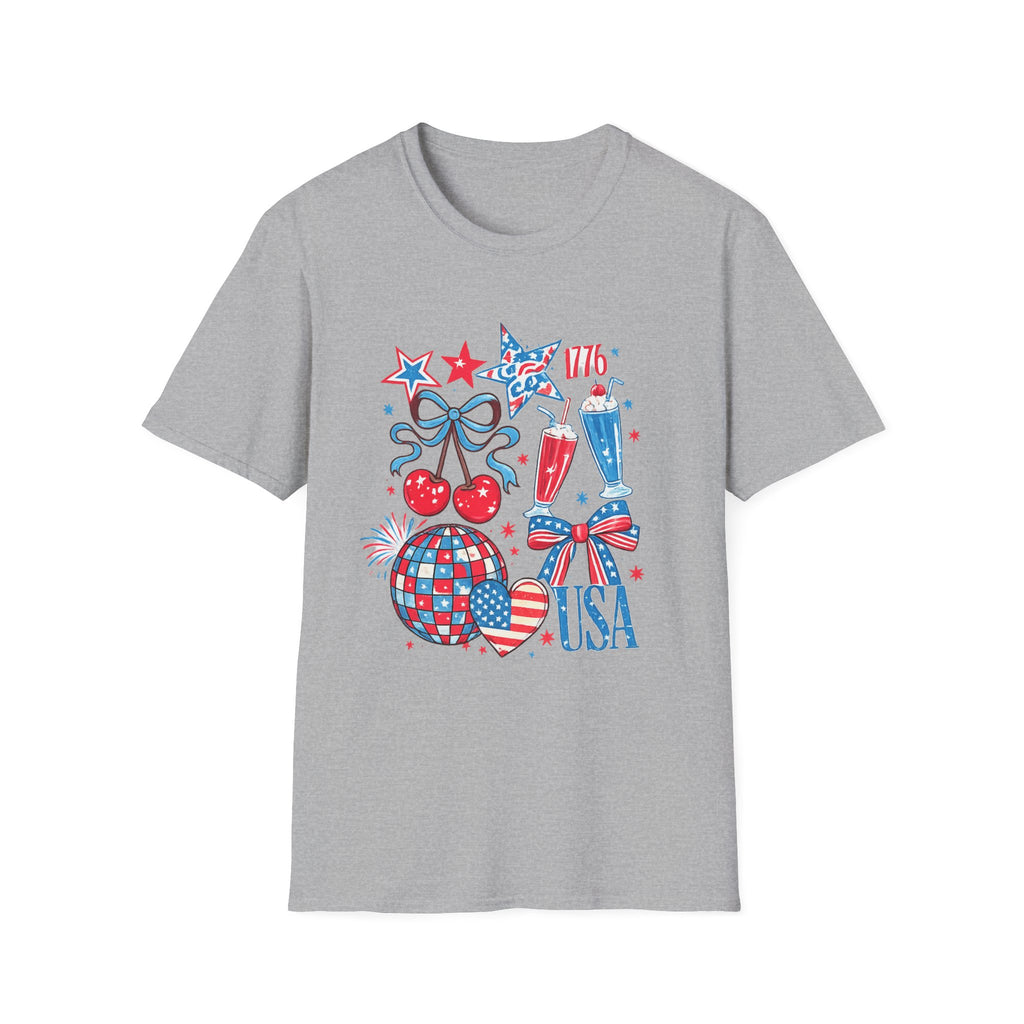 Patriotic 4th of July T-Shirt — USA 1776 Red White Blue Cherry & Soda Design