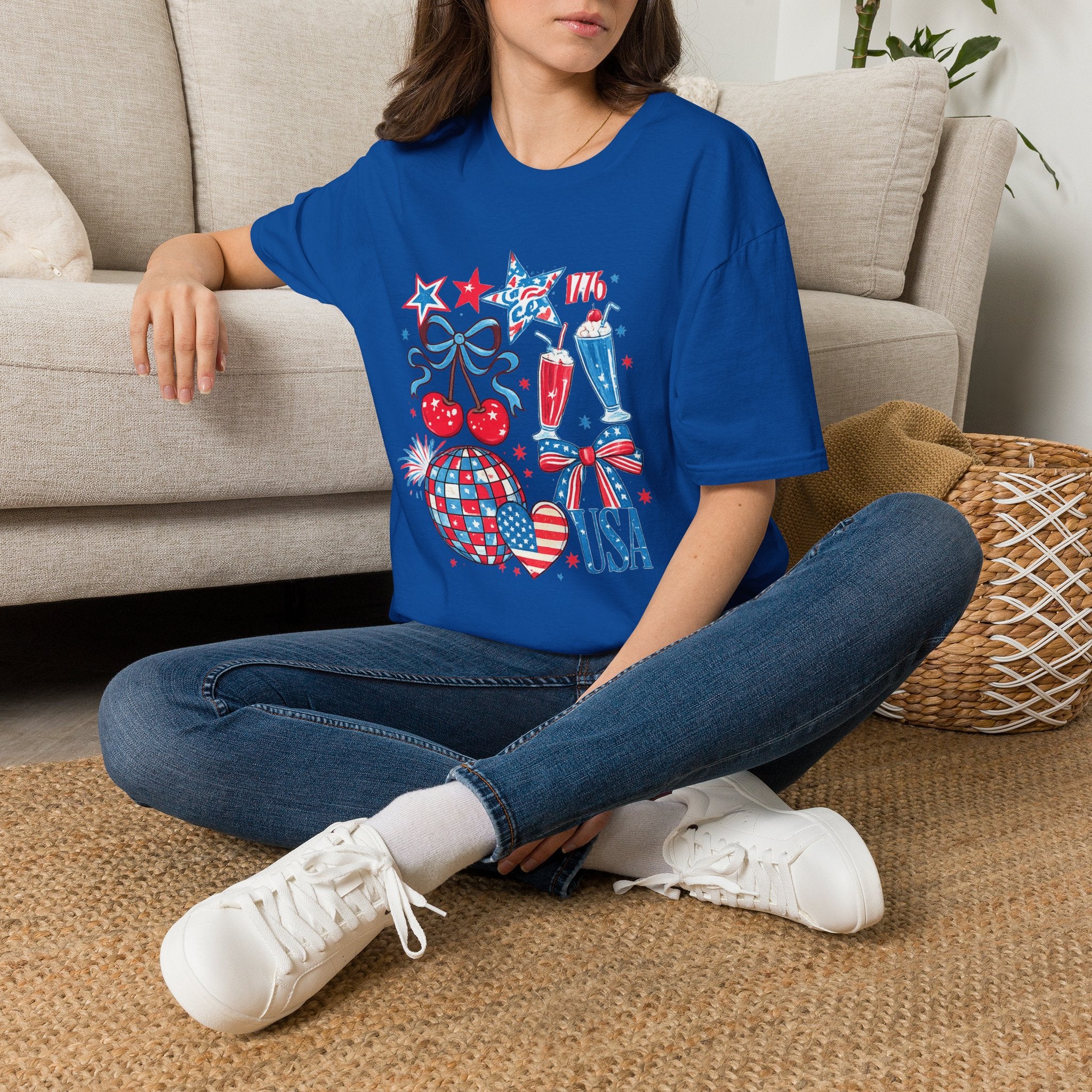 Patriotic 4th of July T-Shirt — USA 1776 Red White Blue Cherry & Soda Design