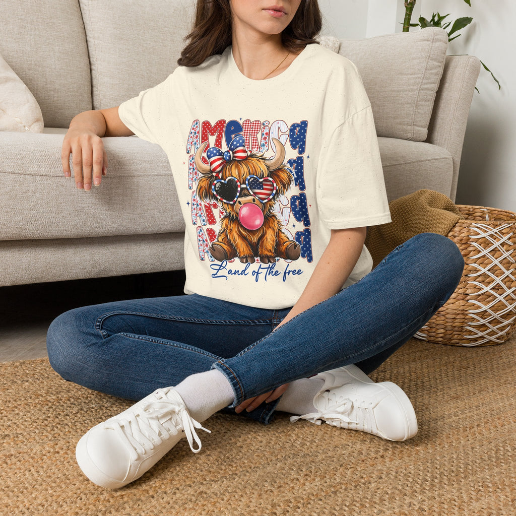 Patriotic Highland Cow T-Shirt — 'Land of the Free' 4th of July Tee