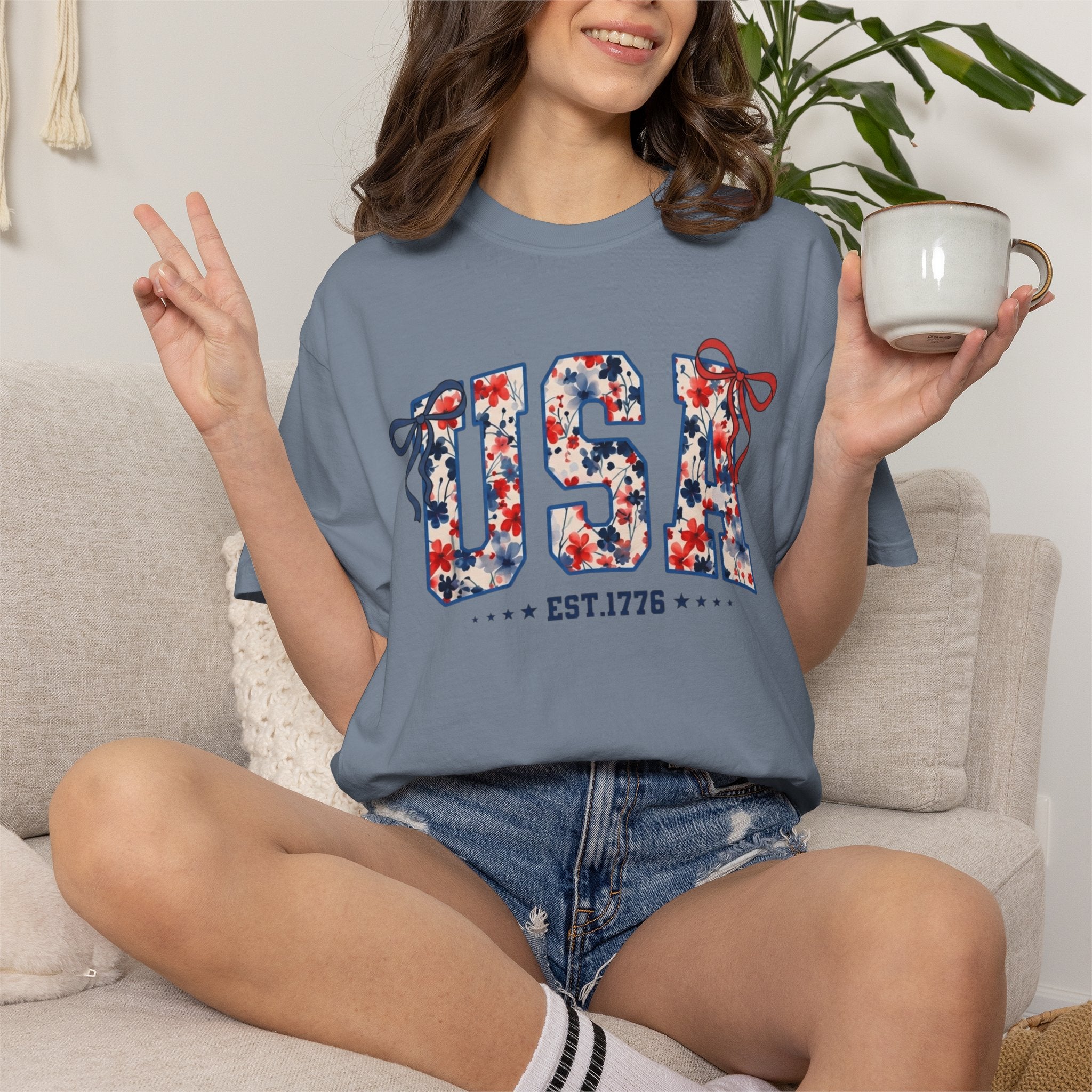 USA Floral Graphic T-Shirt — EST.1776 Patriotic Fourth of July Tee