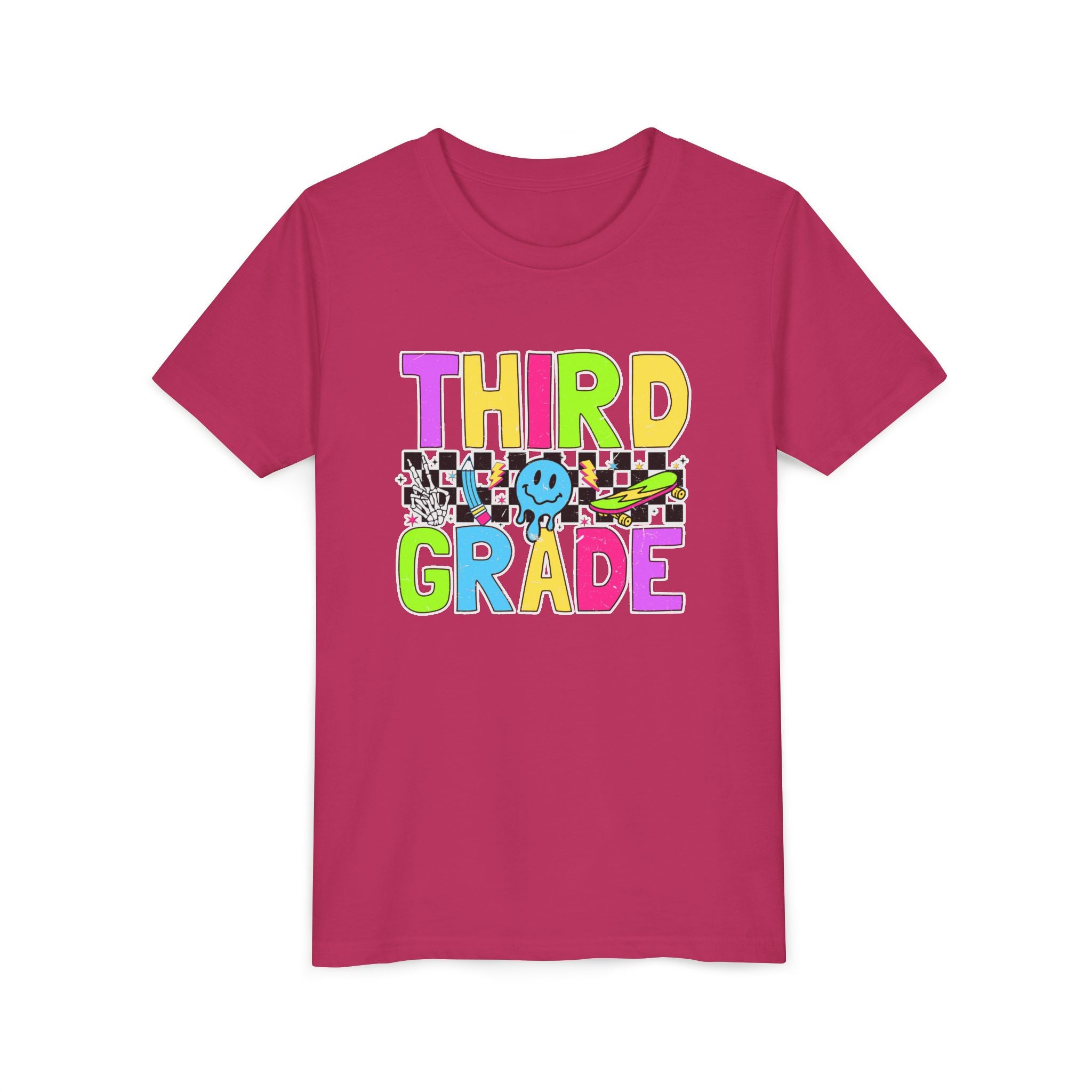 Third Grade Youth T‑Shirt — Colorful Checkerboard Smileback School Tee
