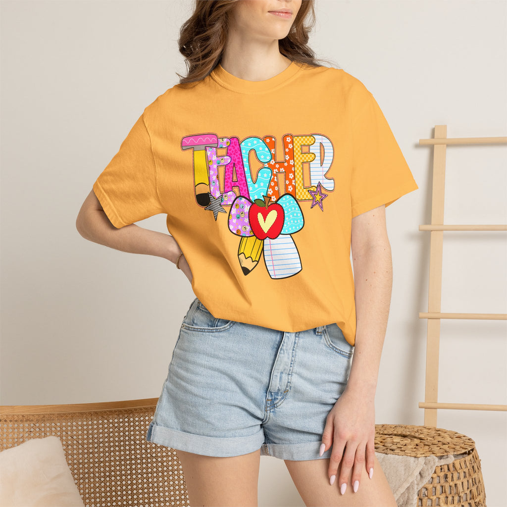 Teacher Doodle Graphic T‑Shirt — Colorful Pencil & Apple School Design