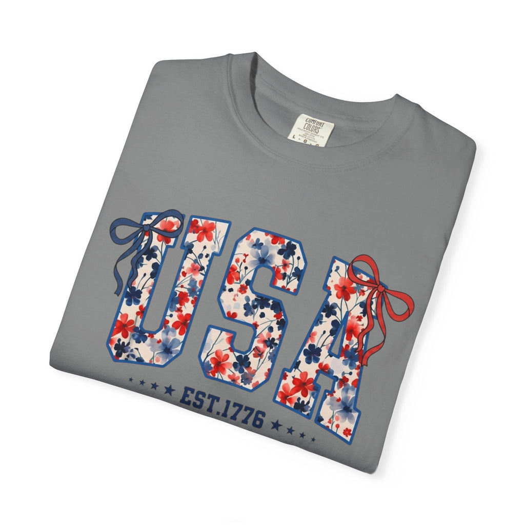 USA Floral Graphic T-Shirt — EST.1776 Patriotic Fourth of July Tee