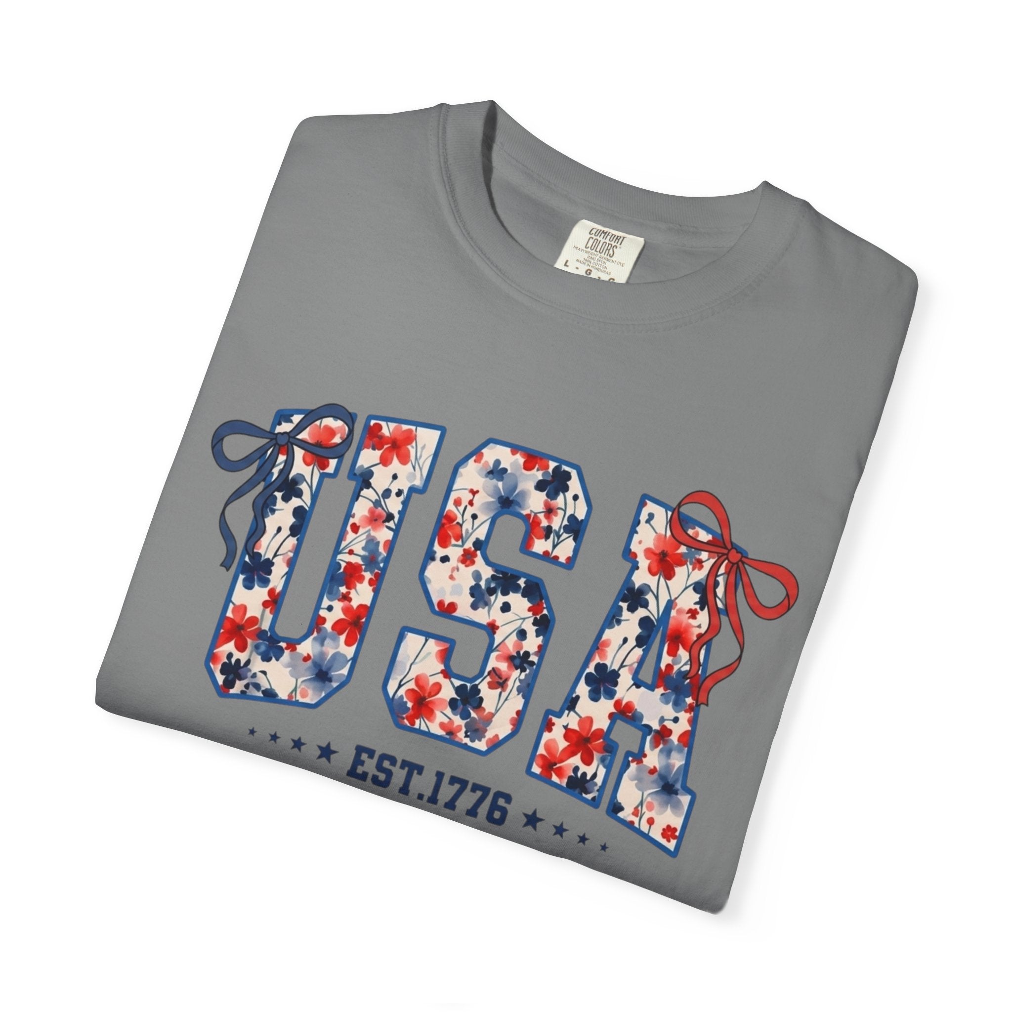 USA Floral Graphic T-Shirt — EST.1776 Patriotic Fourth of July Tee