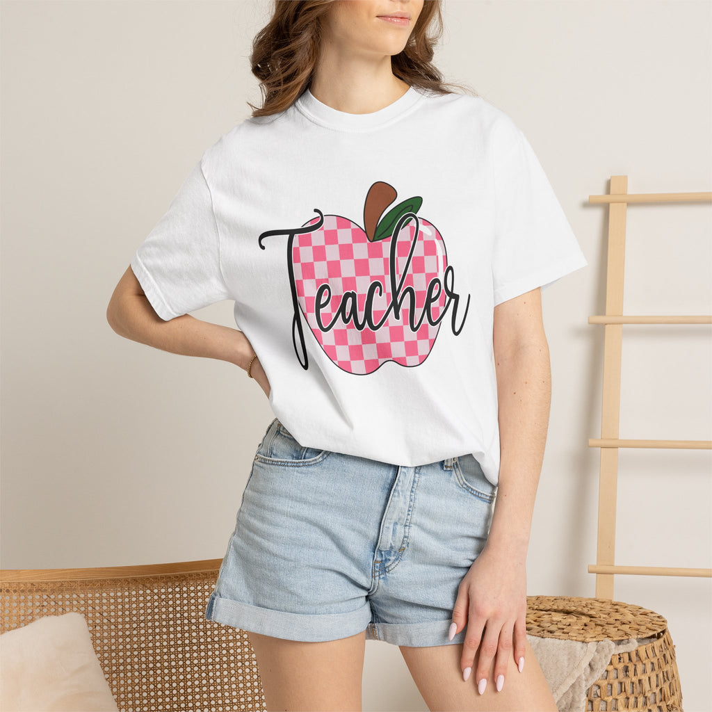 Teacher Apple T-Shirt — Pink Checkered Apple Teacher Tee