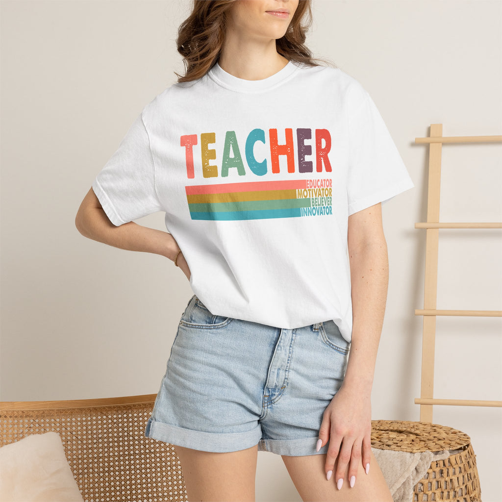 Teacher Rainbow Stripes T-Shirt — Retro Colorful Educator Tee
