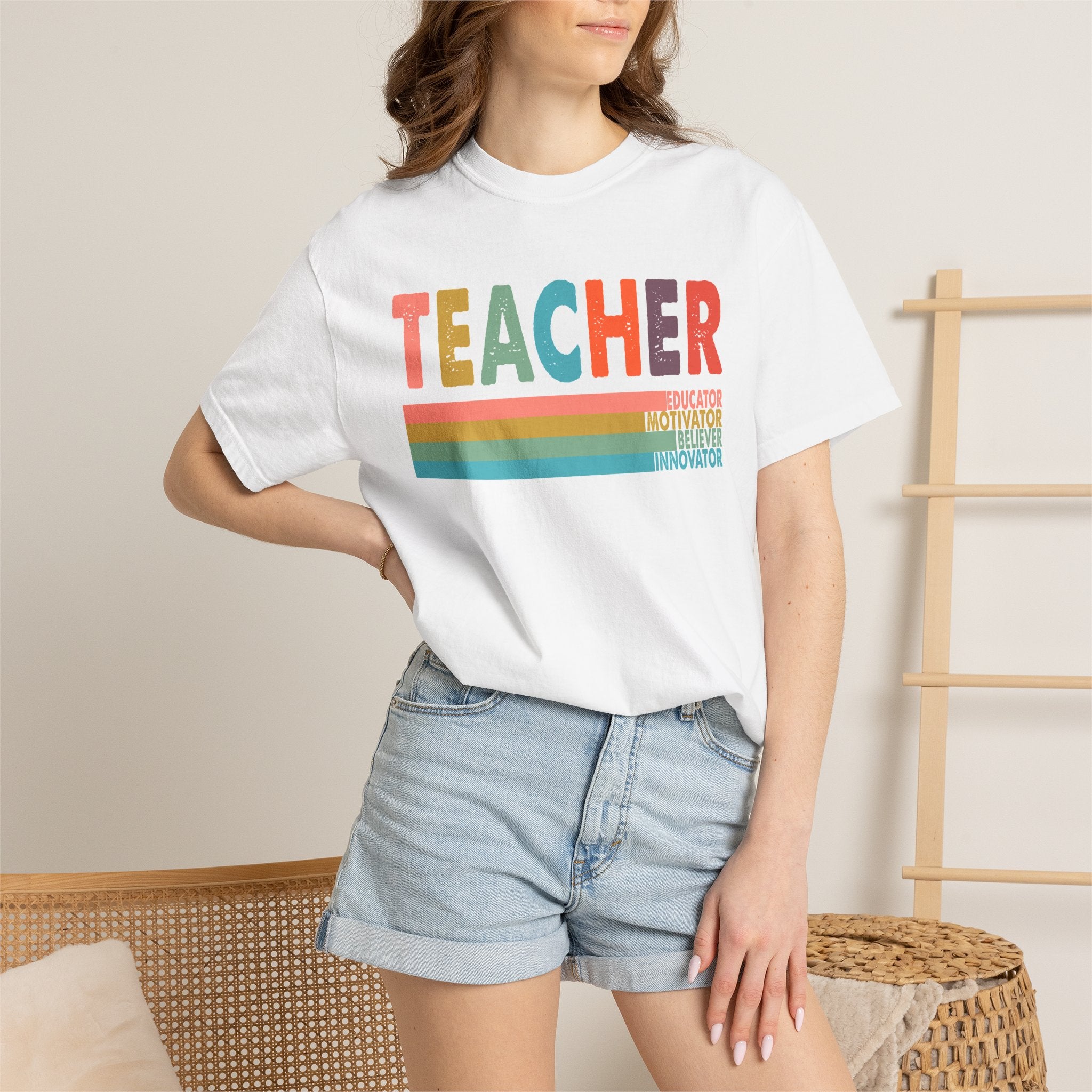 Teacher Rainbow Stripes T-Shirt — Retro Colorful Educator Tee