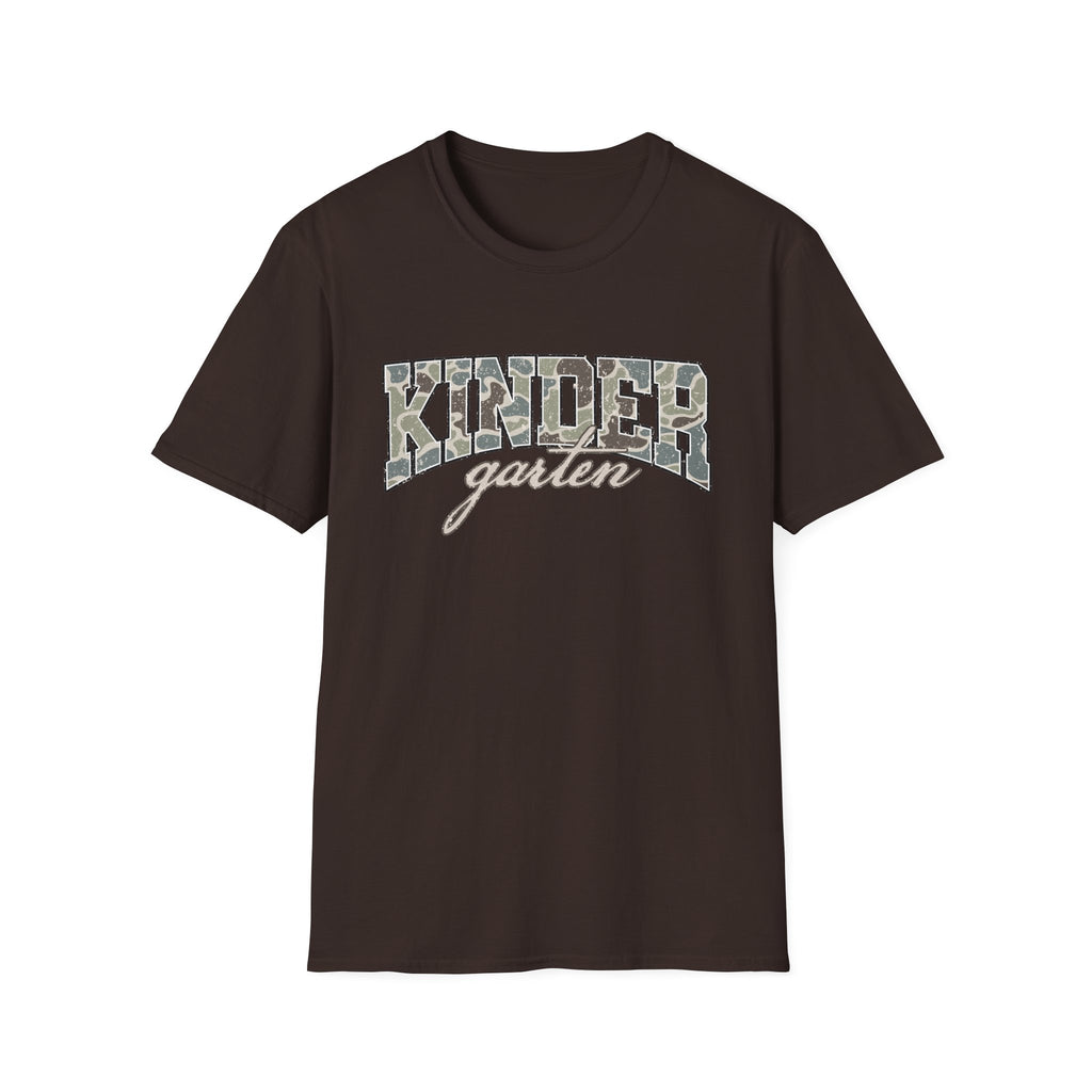 Kindergarten Camo T-Shirt — 'Kindergarten' Script & Camo Block Design