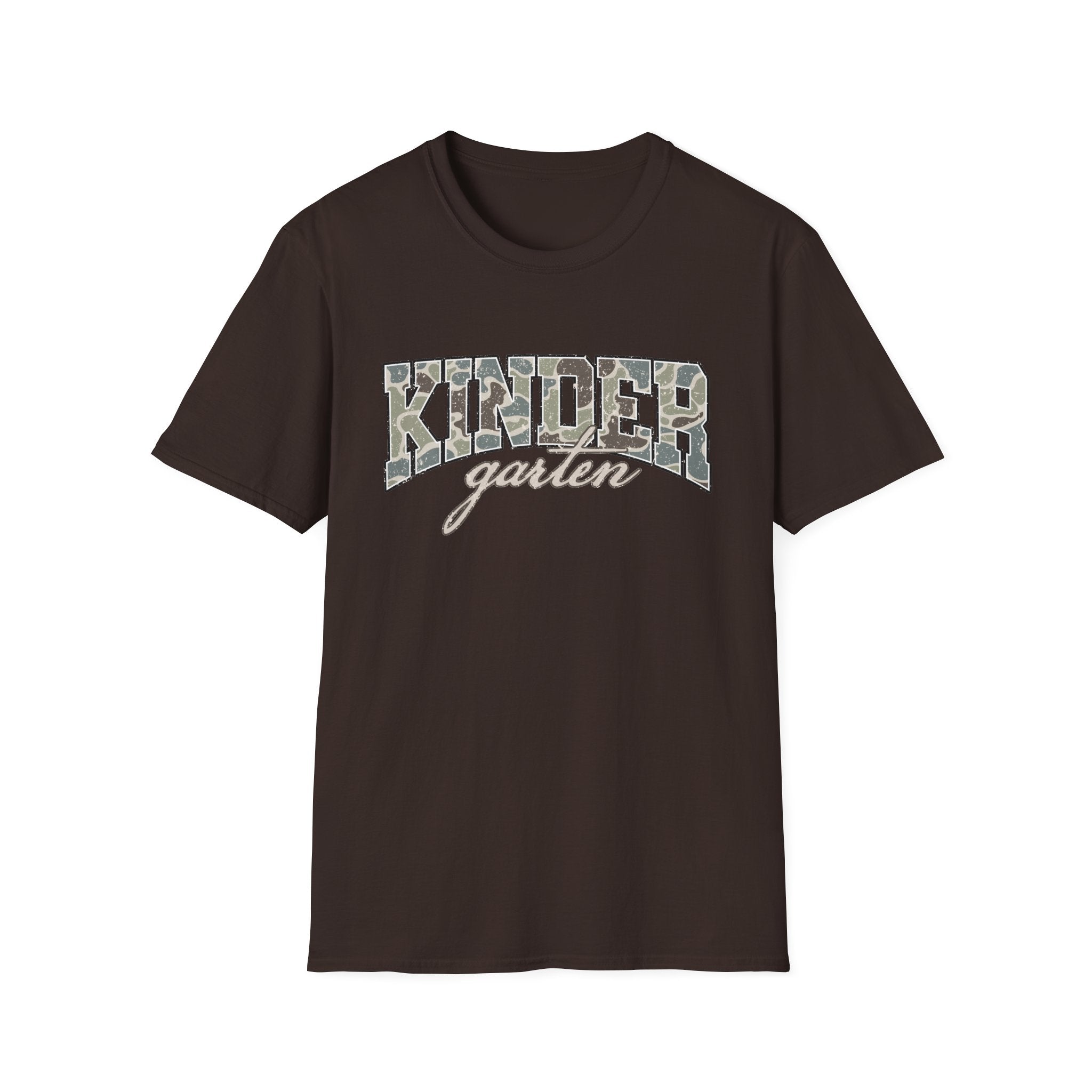 Kindergarten Camo T-Shirt — 'Kindergarten' Script & Camo Block Design