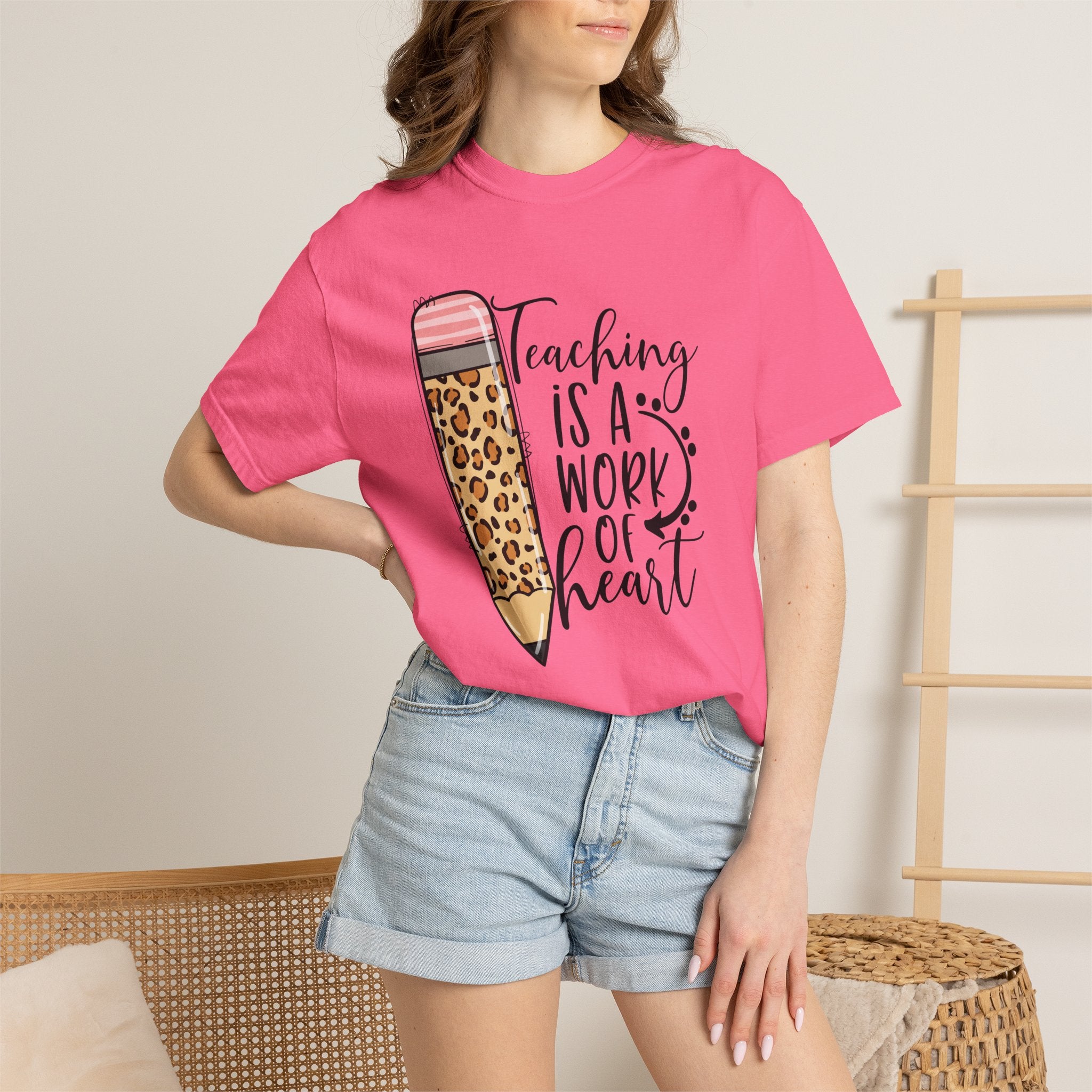 Teaching Is a Work of Heart Leopard Pencil T-Shirt — Teacher Appreciation Gift