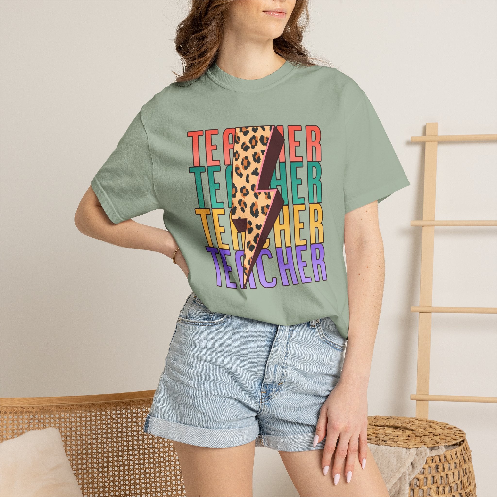Teacher Lightning Bolt Leopard Print T‑Shirt — Colorful Retro Teacher Tee