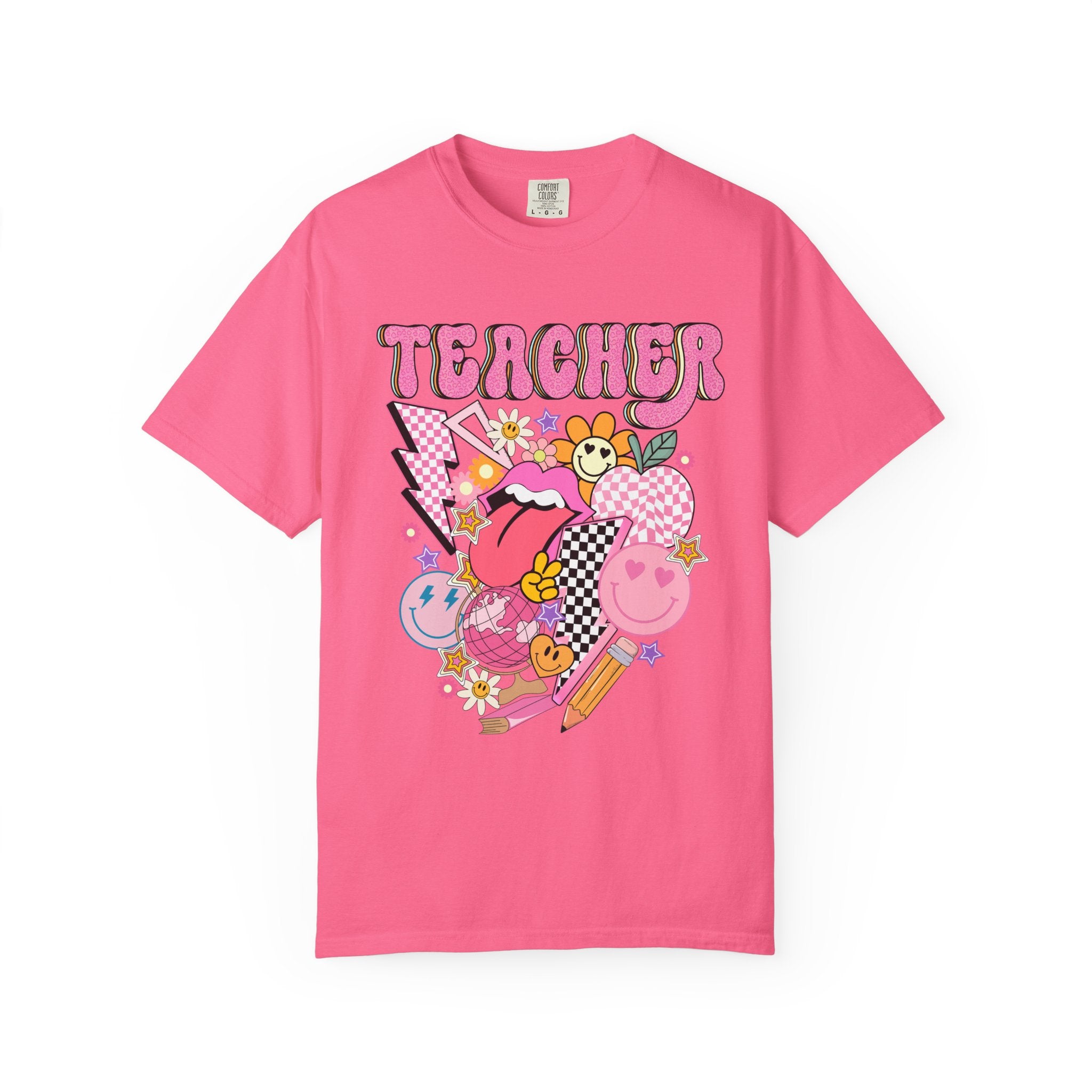 Teacher Retro Pop Graphic T‑Shirt — Cute Pink School Staff Shirt