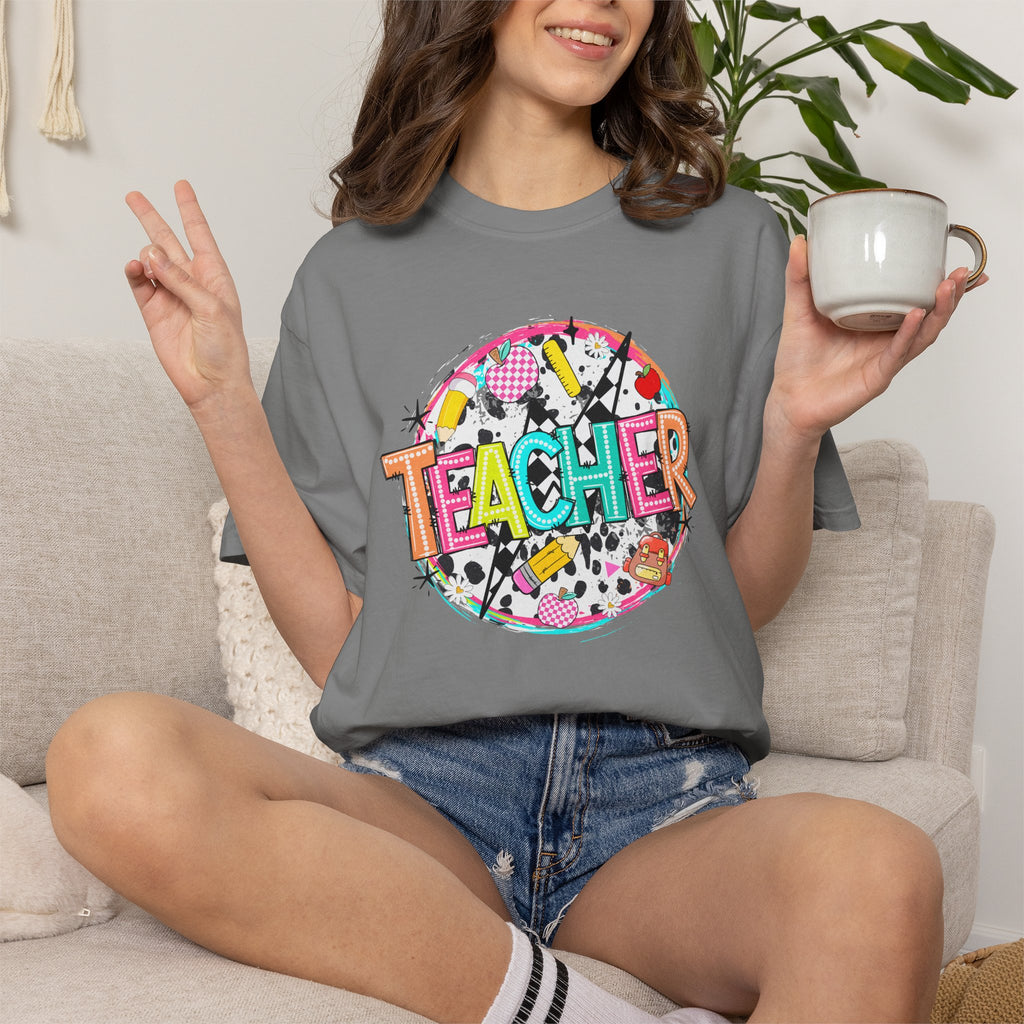 Teacher Graphic T-Shirt — Colorful School Supplies Design