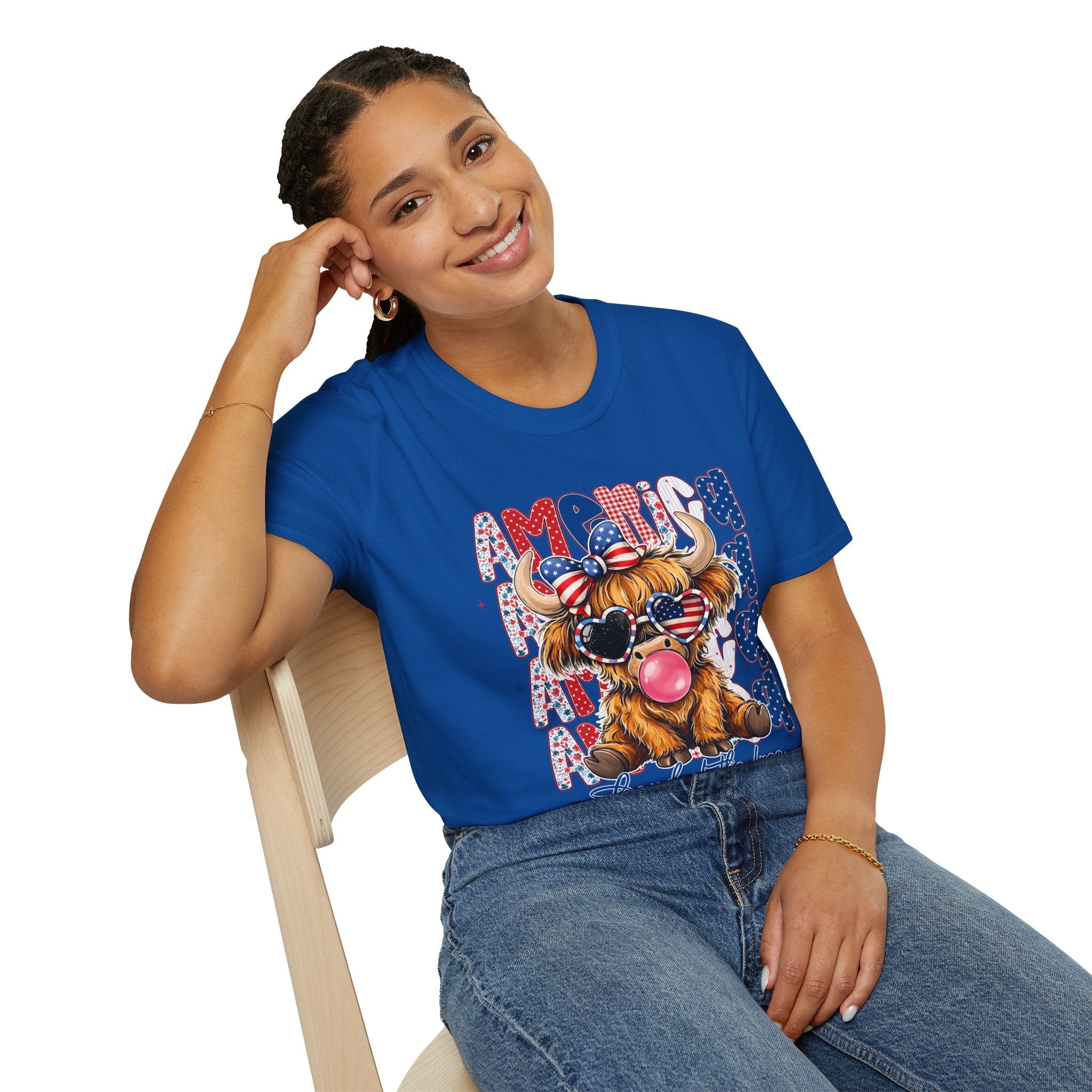 Patriotic Highland Cow T-Shirt — 'Land of the Free' 4th of July Tee