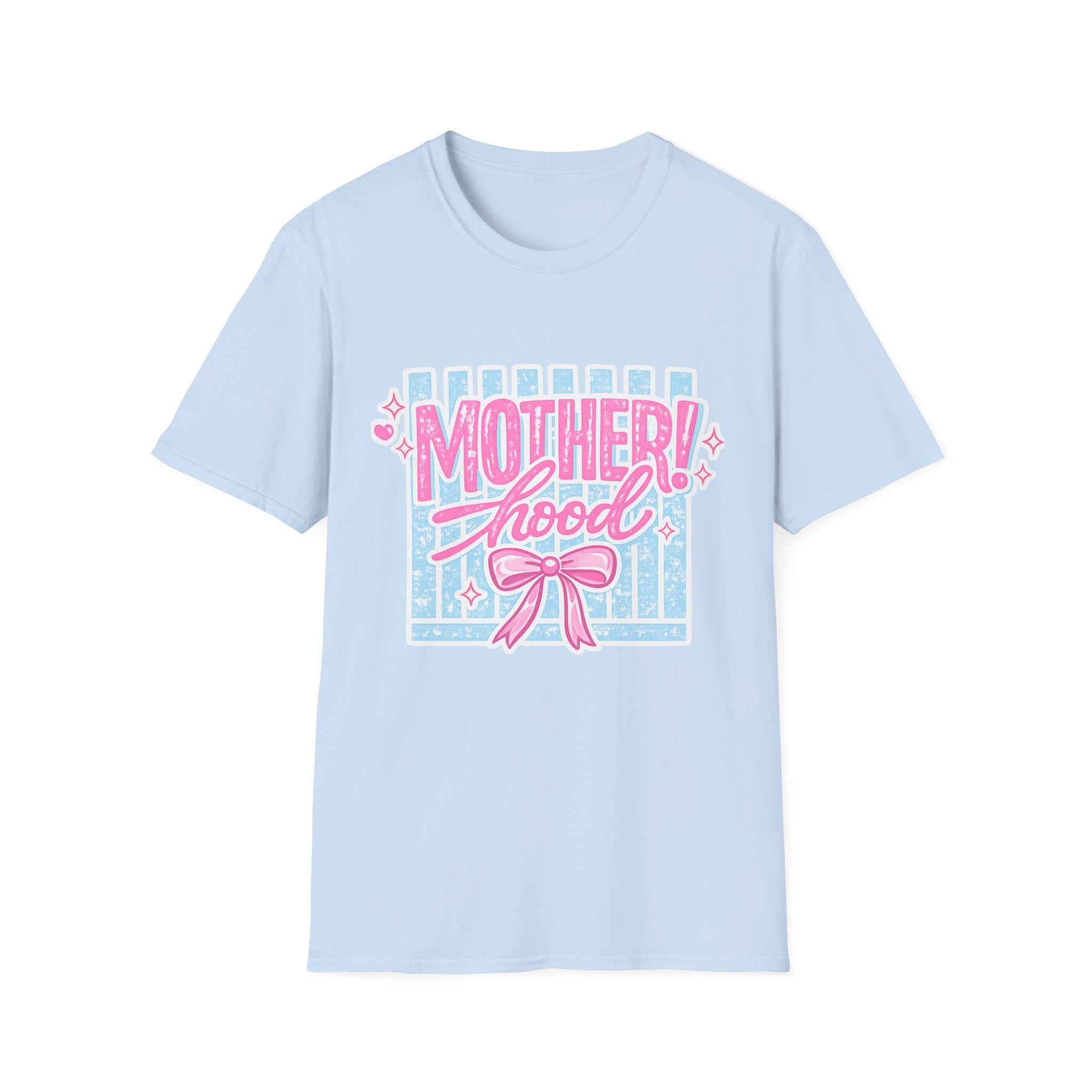 Motherhood Retro Tee — "Mother!hood" Pink & Blue Graphic T-Shirt for New Moms