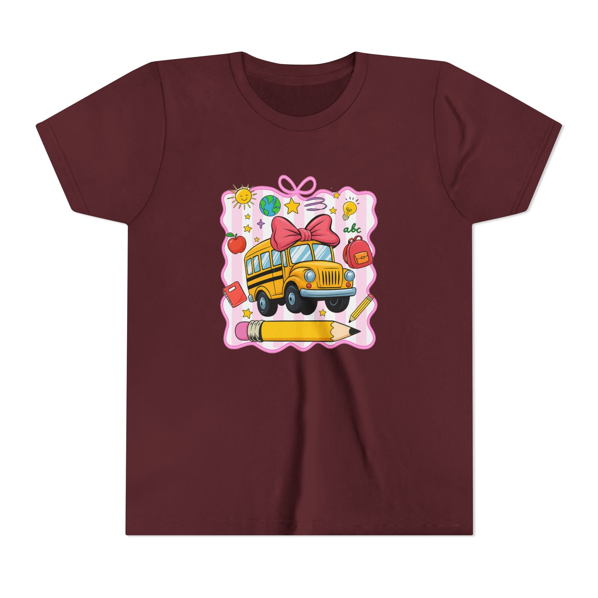 Youth Tee — Cute School Bus Back to School Kids Shirt (Pencil, Apple, Sun)