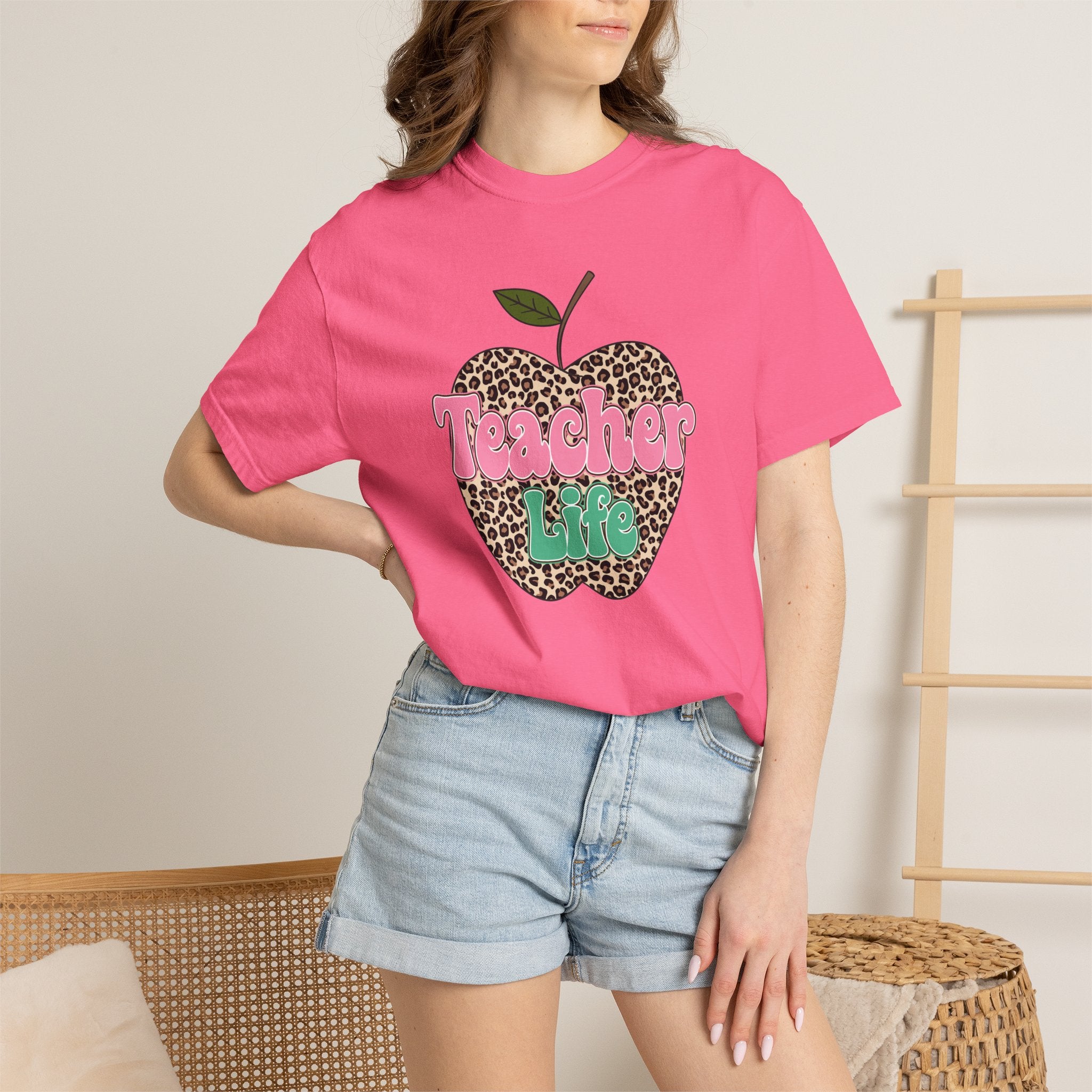 Teacher Life T-Shirt — Leopard Apple Graphic Tee for Educators