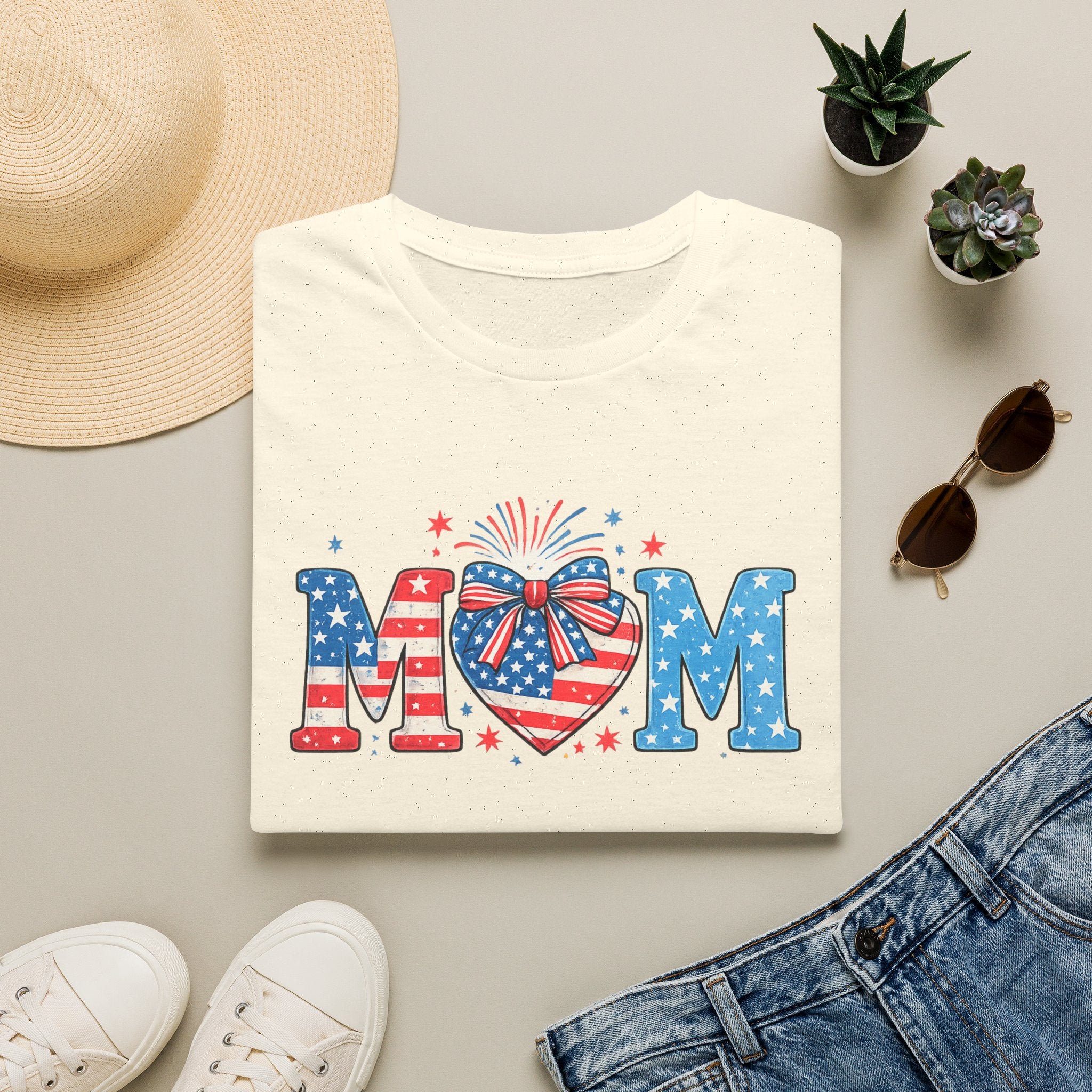 Patriotic MOM T-Shirt — Stars & Stripes Heart Design (Fourth of July / Mother's Day)