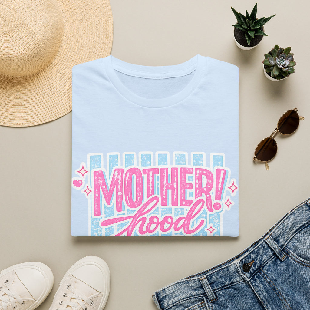 Motherhood Retro Tee — "Mother!hood" Pink & Blue Graphic T-Shirt for New Moms