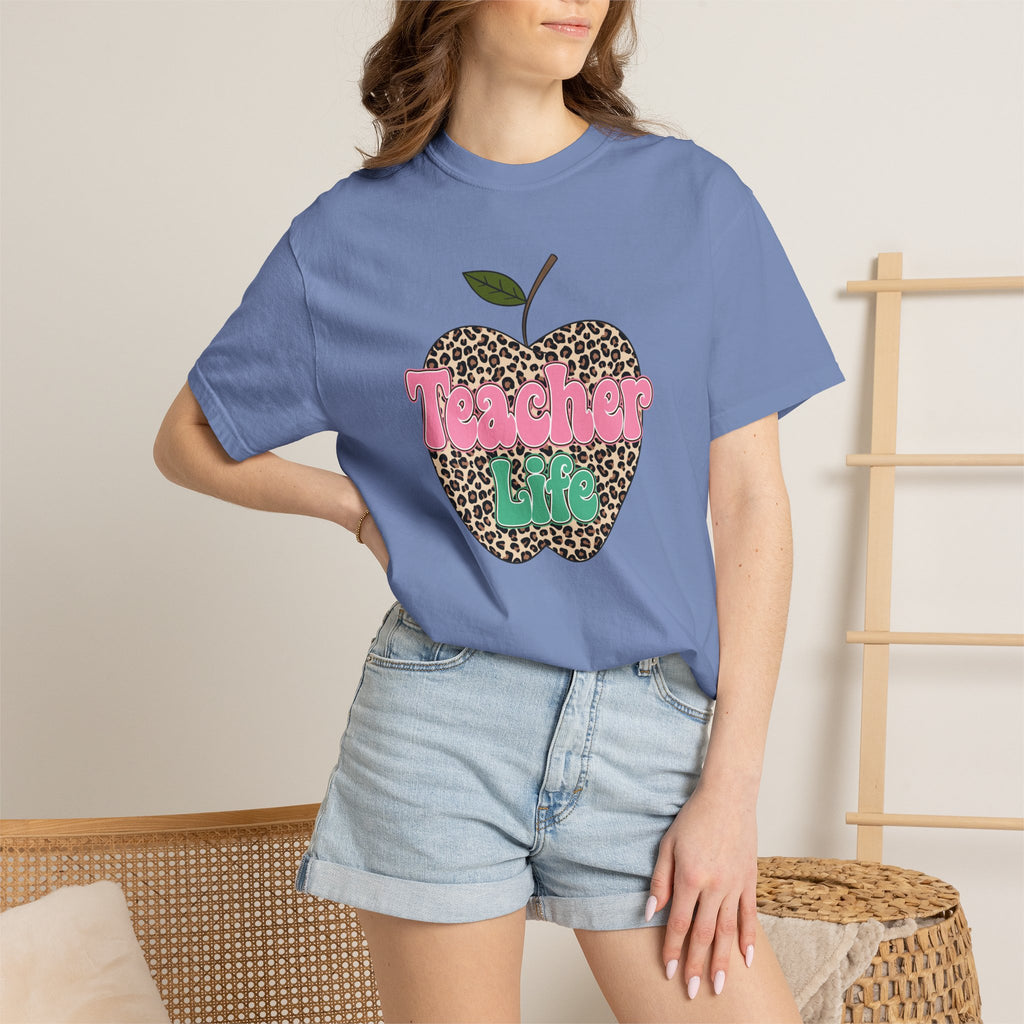 Teacher Life T-Shirt — Leopard Apple Graphic Tee for Educators