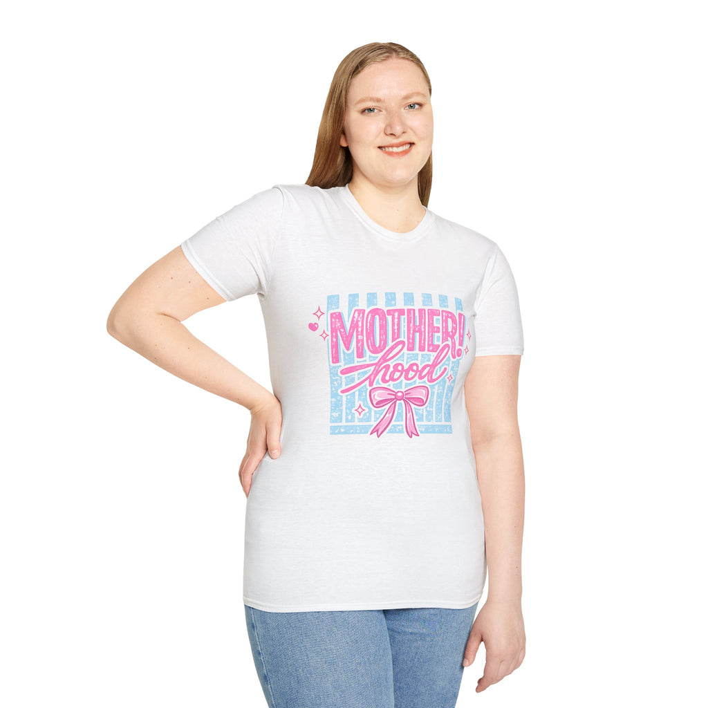 Motherhood Retro Tee — "Mother!hood" Pink & Blue Graphic T-Shirt for New Moms