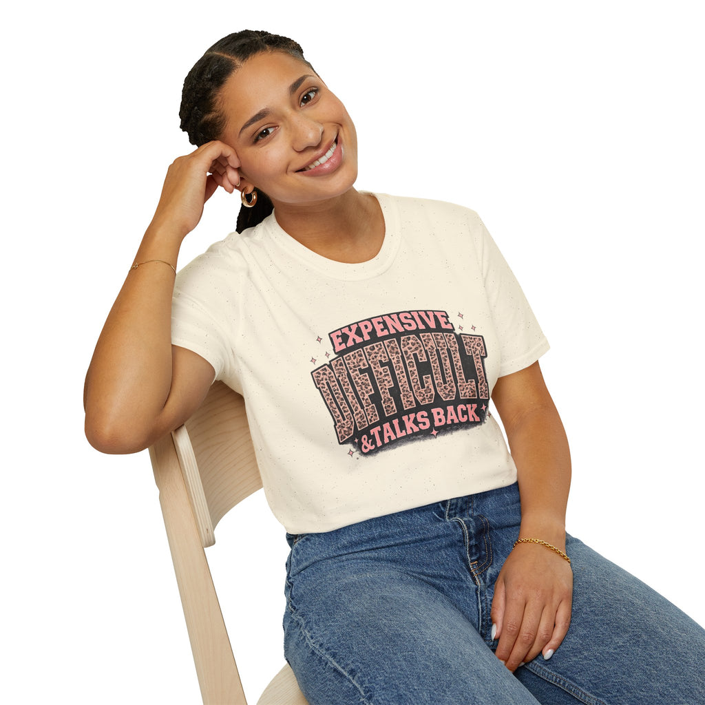 Difficult Talks Back Leopard Graphic T-Shirt — "Expensive Difficult" Feminine Attitude Tee