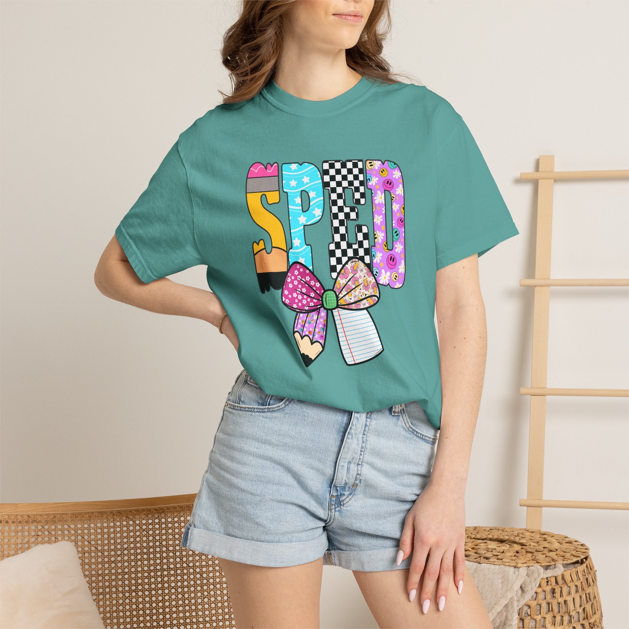 Spring Pencil Bow T-Shirt — Cute Colorful 'SPRING' Graphic Tee