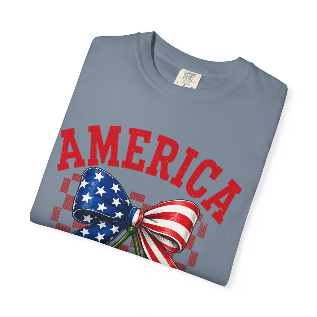 America Cherry Graphic T-Shirt — Patriotic Stars & Stripes Bow Tee