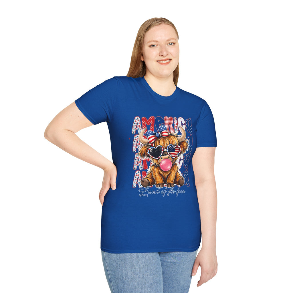 Patriotic Highland Cow T-Shirt — 'Land of the Free' 4th of July Tee