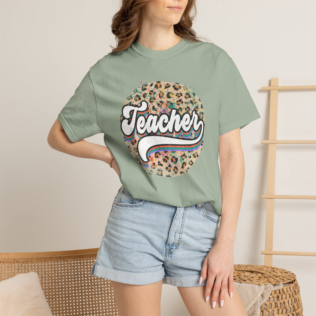 Teacher Leopard Circle T-Shirt — Retro Rainbow Script Tee for Educators