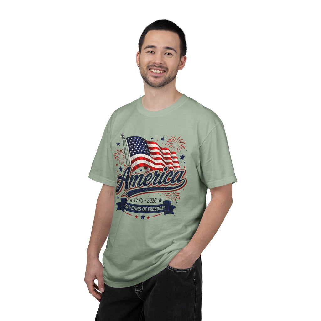 America 250th Anniversary T-Shirt — "America" Flag & Fireworks 1776–2026