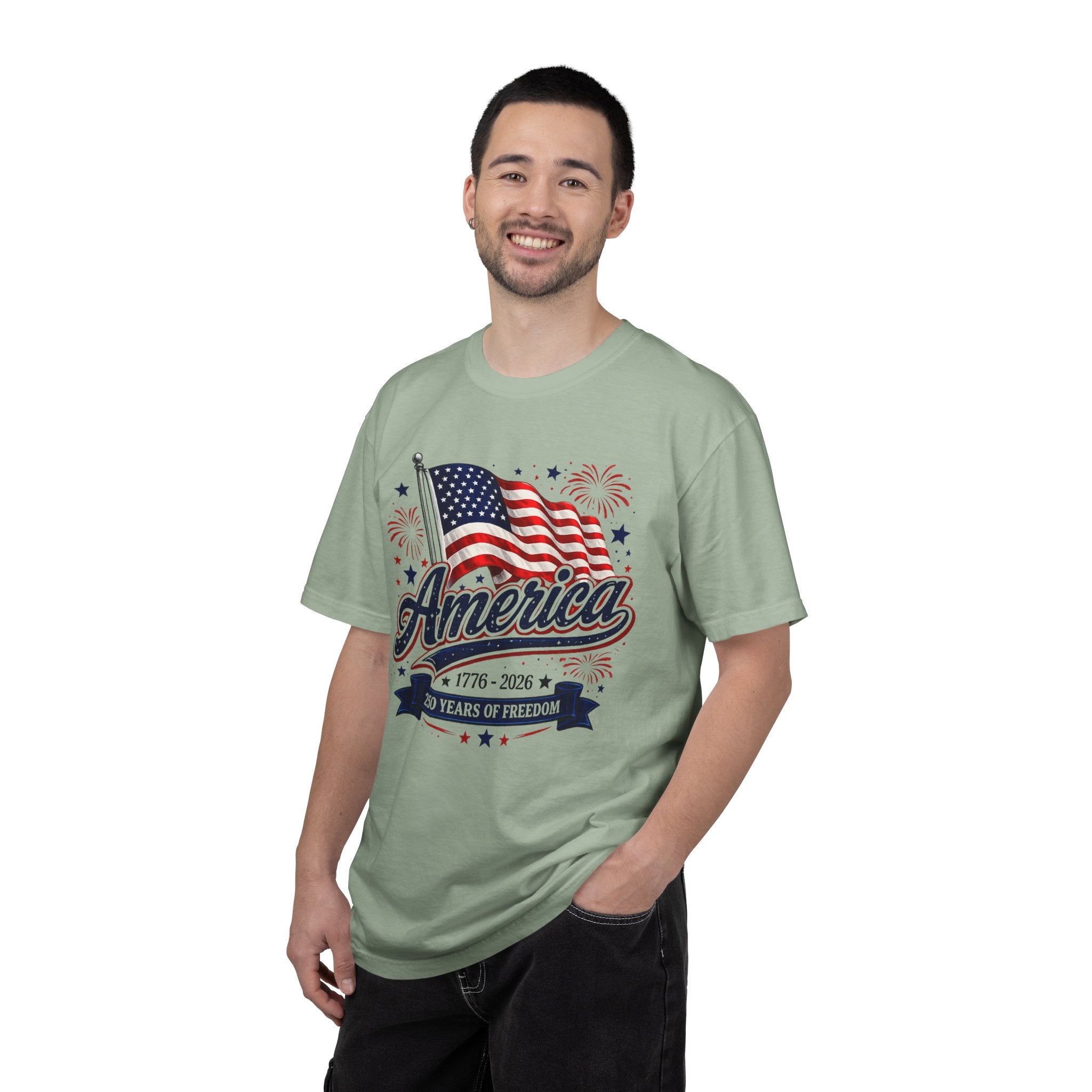America 250th Anniversary T-Shirt — "America" Flag & Fireworks 1776–2026