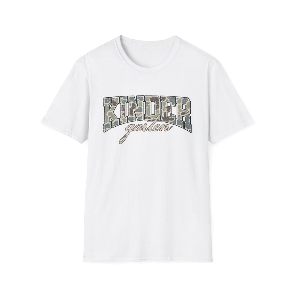 Kindergarten Camo T-Shirt — 'Kindergarten' Script & Camo Block Design