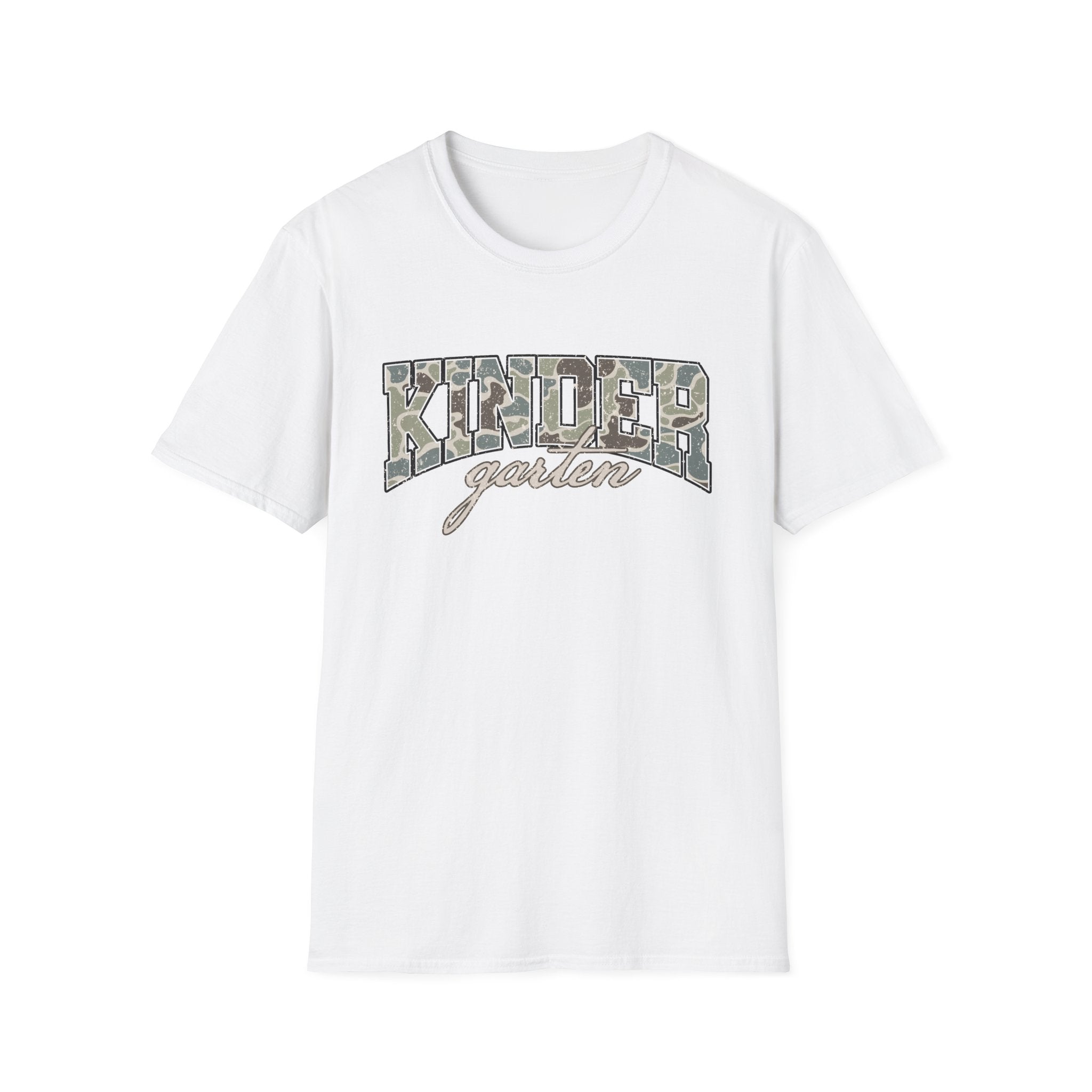 Kindergarten Camo T-Shirt — 'Kindergarten' Script & Camo Block Design