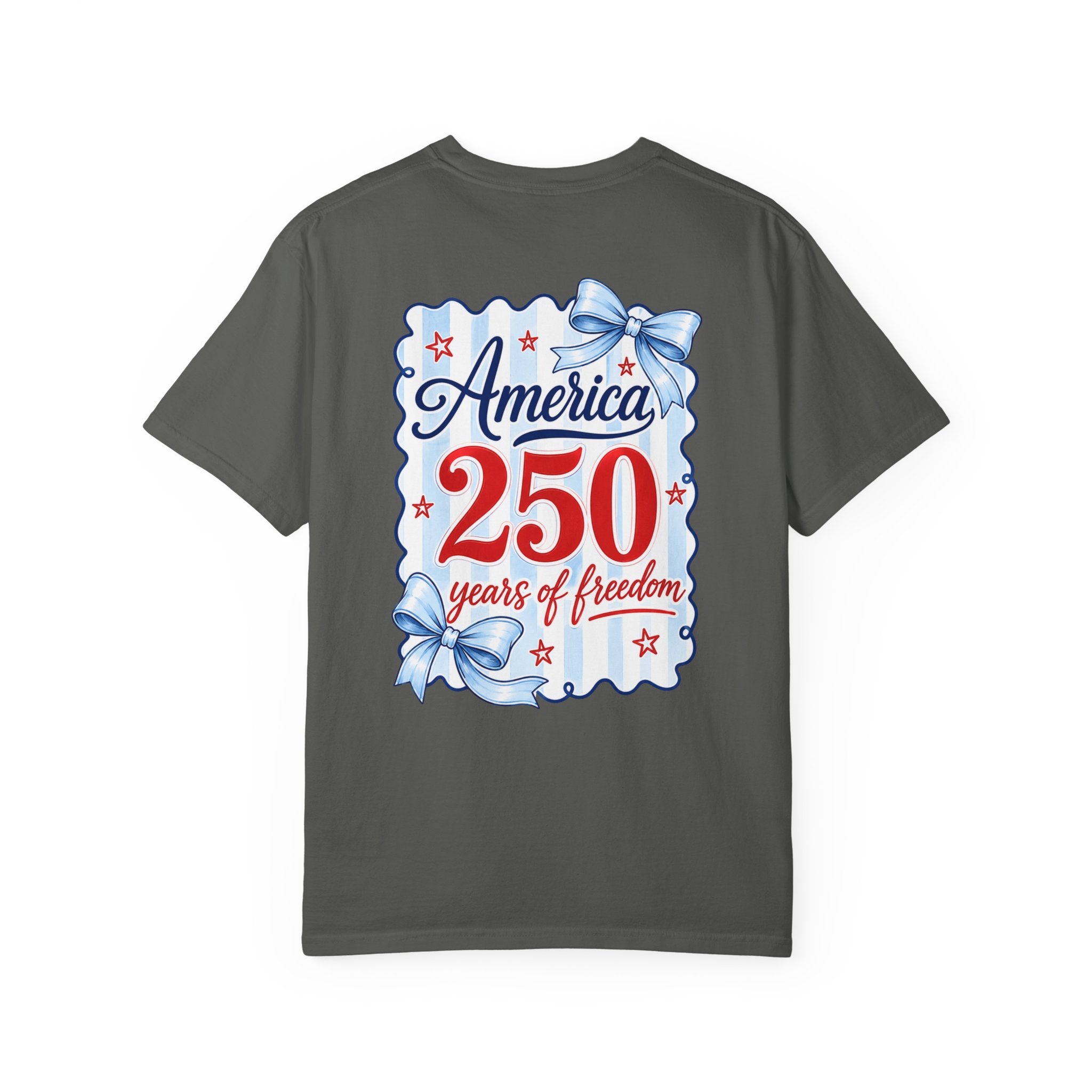 America 250 Years of Freedom T-Shirt — Patriotic 4th of July Tee with Blue Ribbon Design