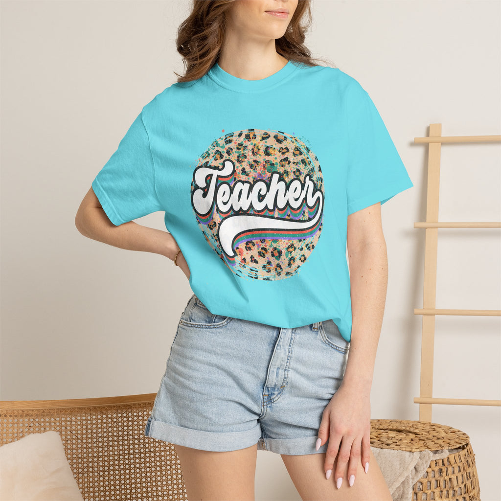 Teacher Leopard Circle T-Shirt — Retro Rainbow Script Tee for Educators