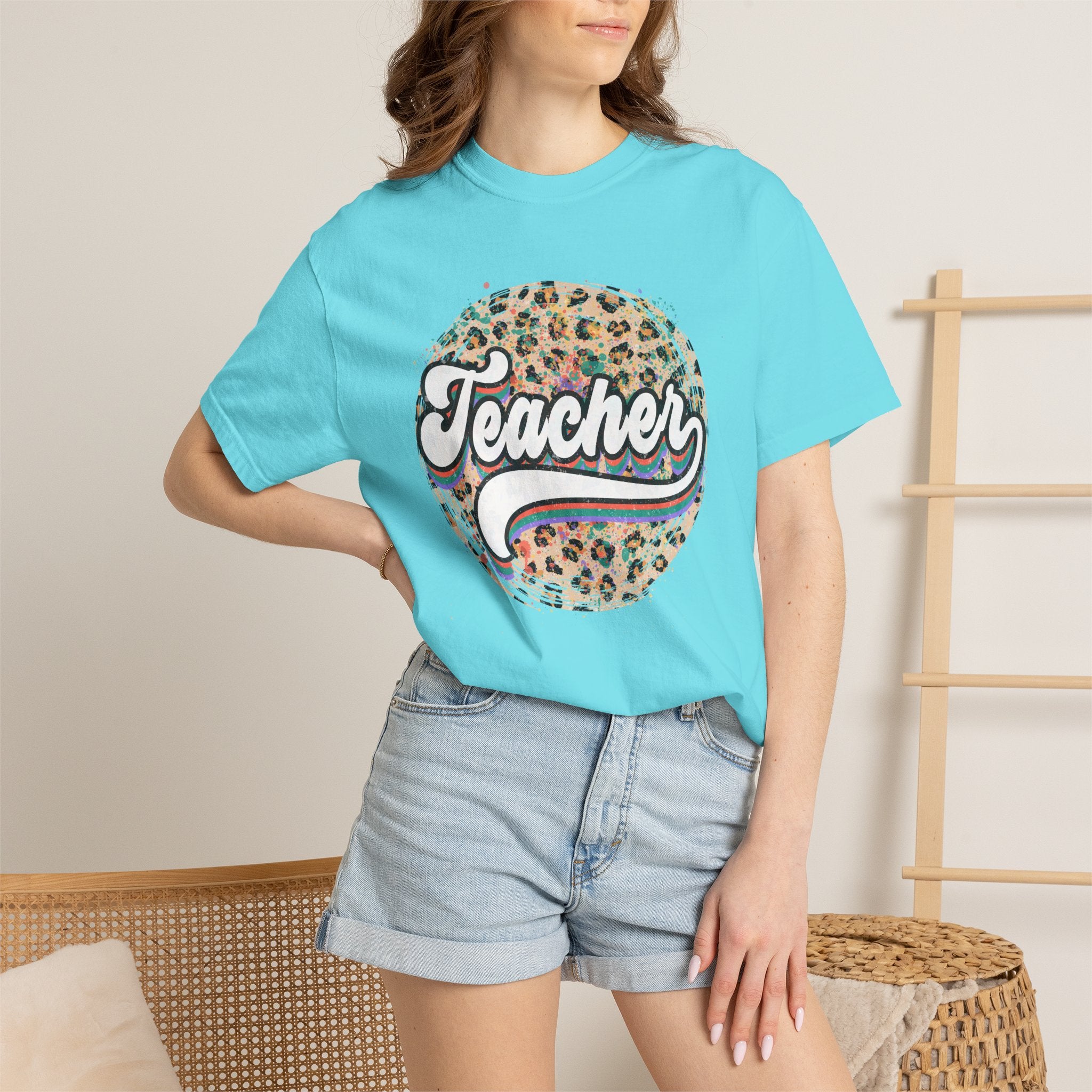 Teacher Leopard Circle T-Shirt — Retro Rainbow Script Tee for Educators