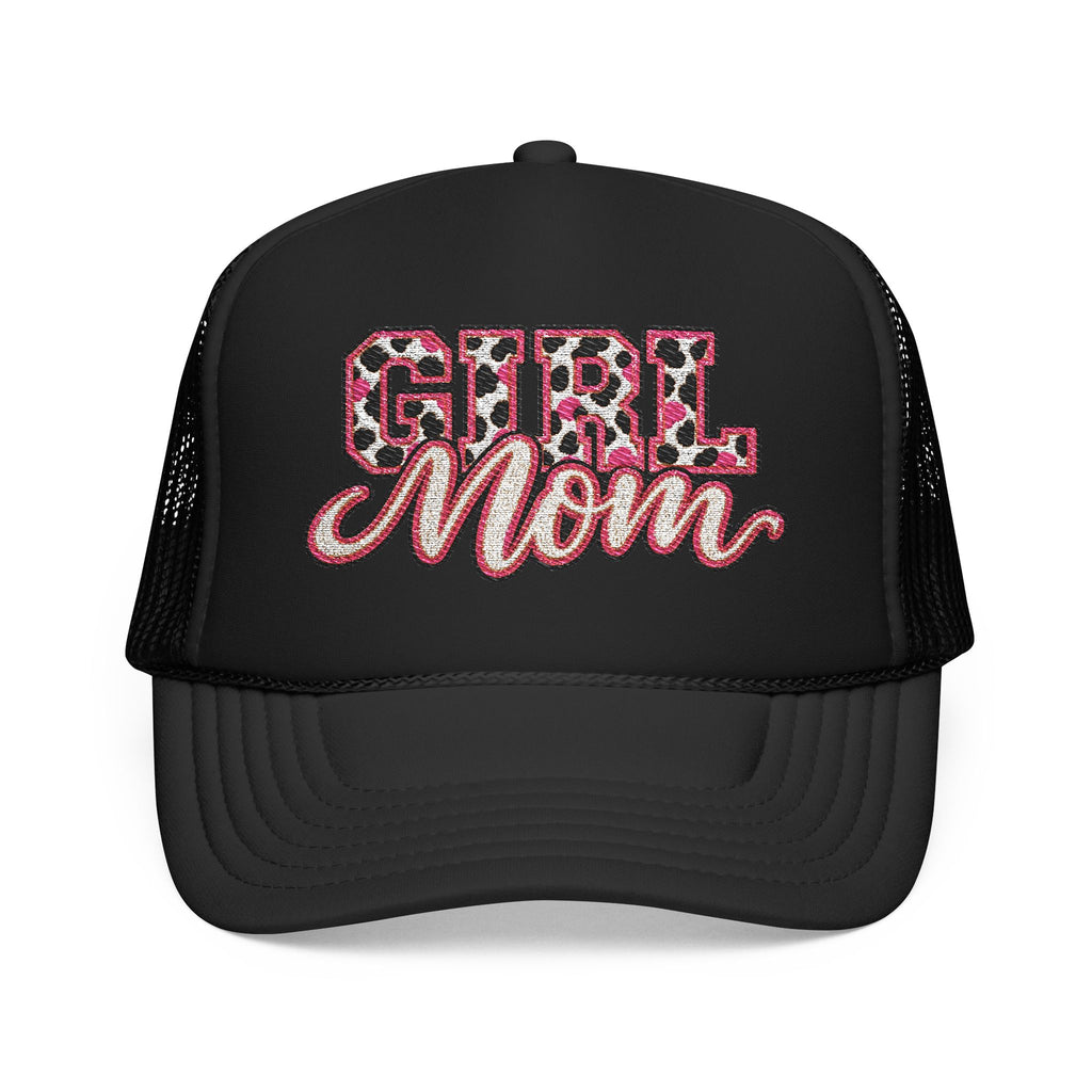 Girl Mom Leopard Foam Trucker Hat — Pink Glitter Script Mesh Cap