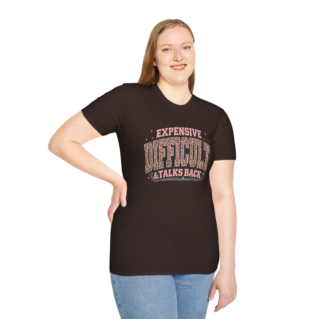 Difficult Talks Back Leopard Graphic T-Shirt — "Expensive Difficult" Feminine Attitude Tee