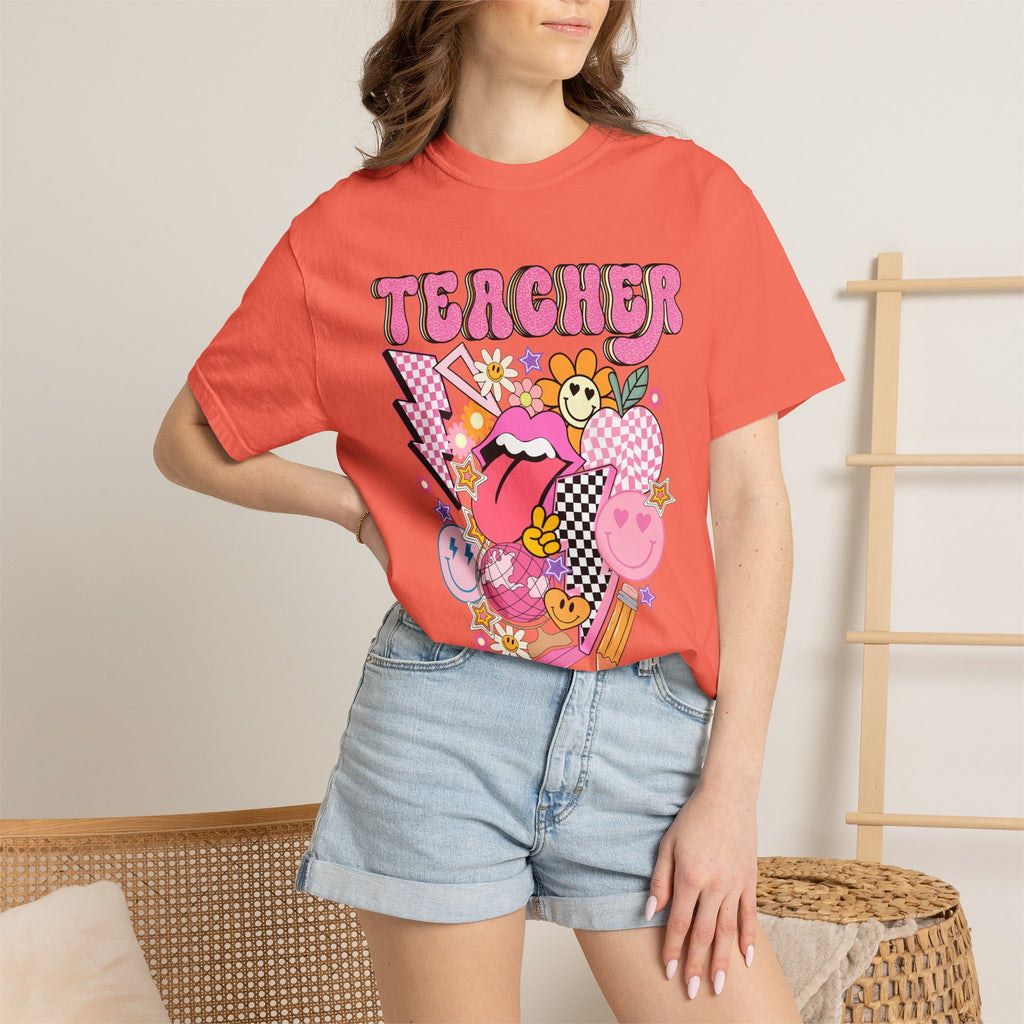 Teacher Retro Pop Graphic T‑Shirt — Cute Pink School Staff Shirt