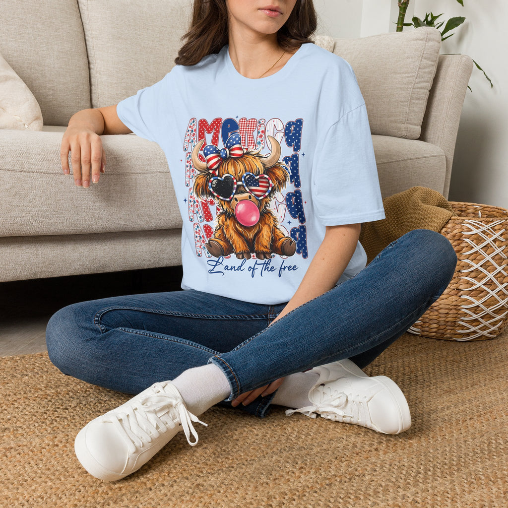 Patriotic Highland Cow T-Shirt — 'Land of the Free' 4th of July Tee