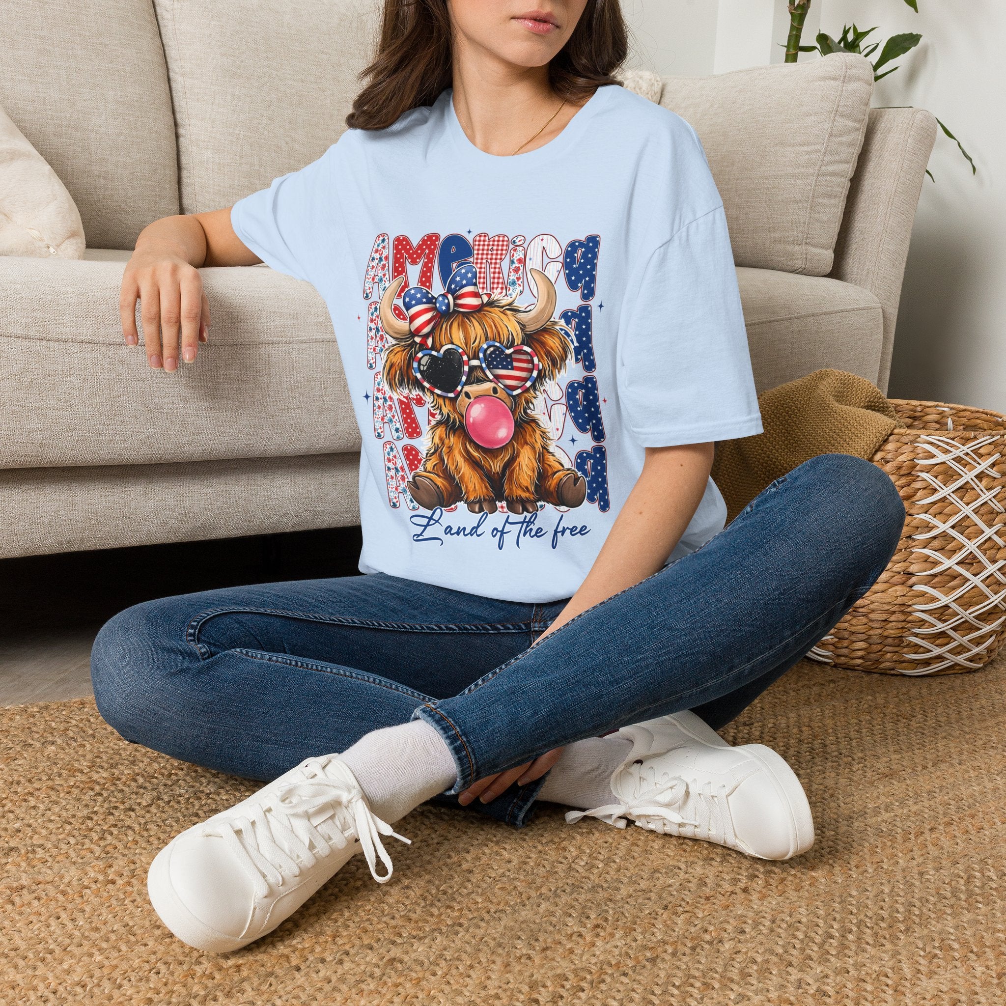Patriotic Highland Cow T-Shirt — 'Land of the Free' 4th of July Tee