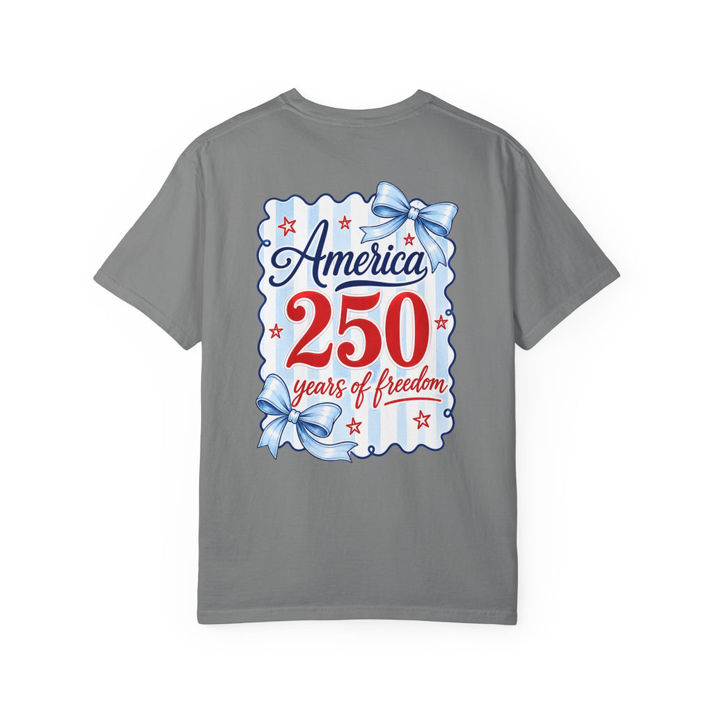 America 250 Years of Freedom T-Shirt — Patriotic 4th of July Tee with Blue Ribbon Design