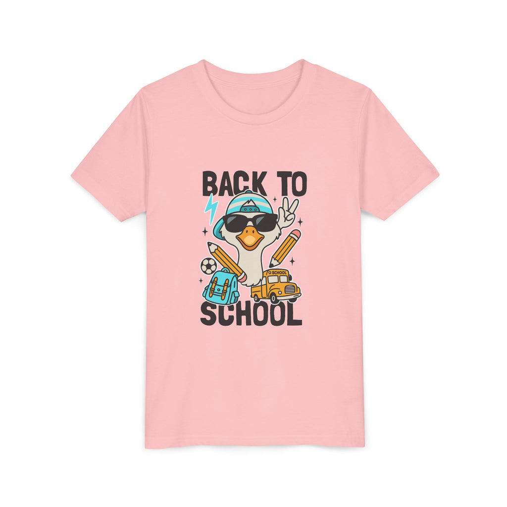 Back to School Duck Youth Tee — Cute Kids School Shirt with Backpack, Bus & Pencil Design