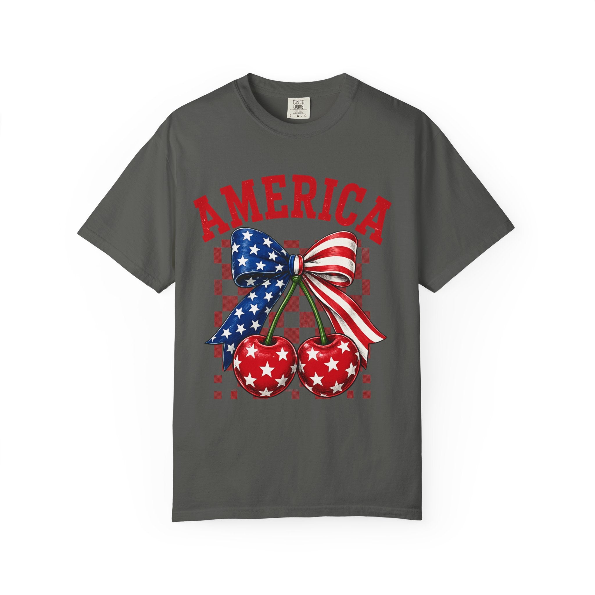 America Cherry Graphic T-Shirt — Patriotic Stars & Stripes Bow Tee