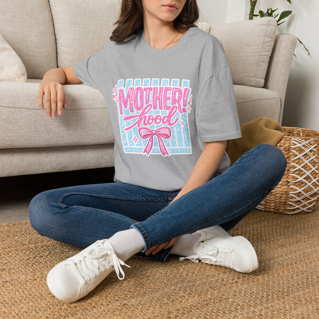 Motherhood Retro Tee — "Mother!hood" Pink & Blue Graphic T-Shirt for New Moms