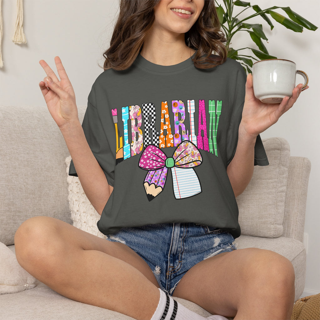 Librarian Graphic T‑Shirt — Colorful Bookish Bow Design