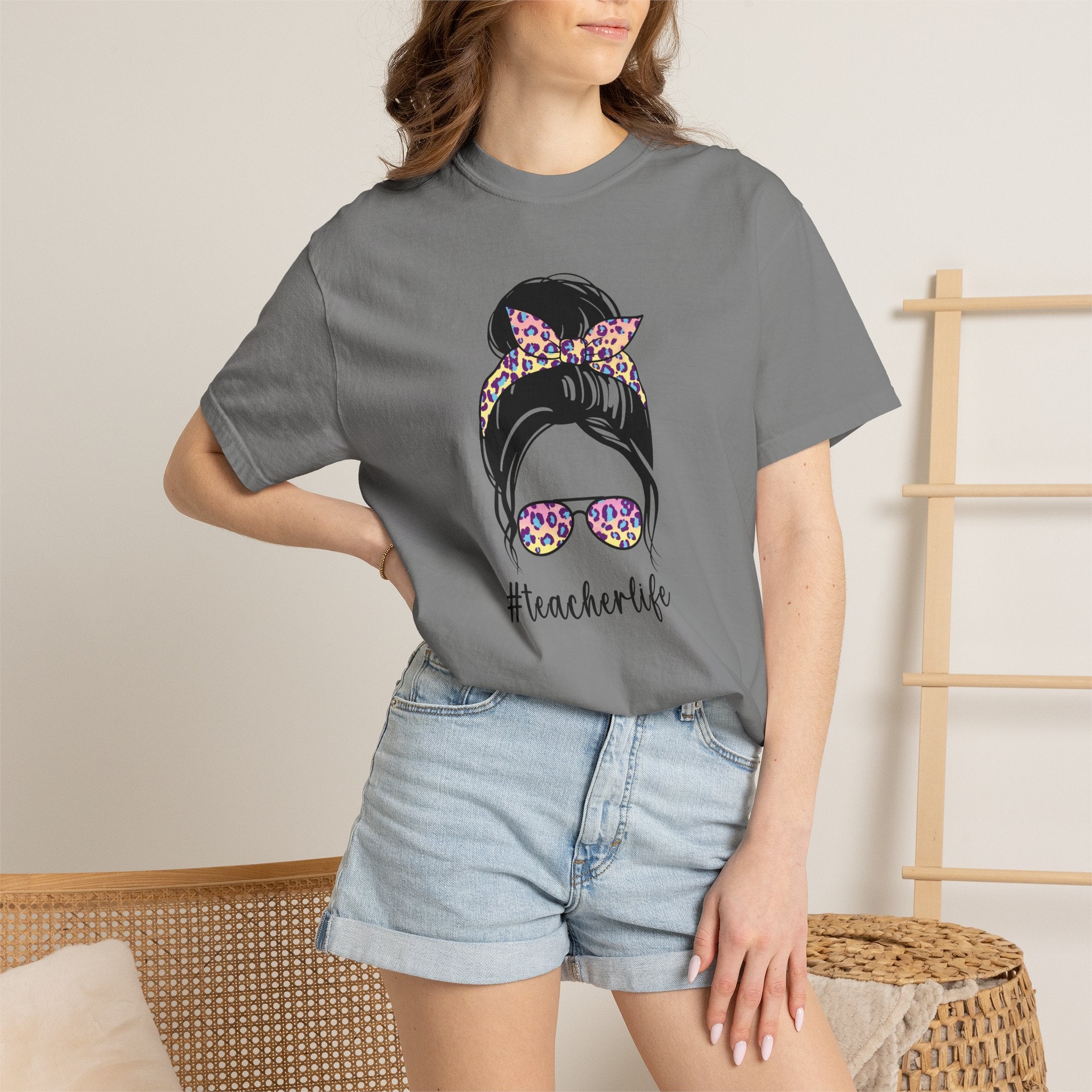 Teacher Life Floral Messy Bun T-Shirt